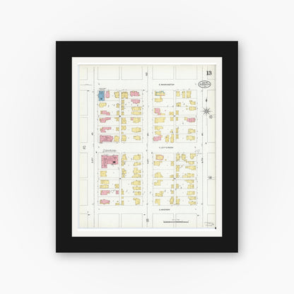 Old map wall art mockup — black gallery frame with white mat — Sanborn Fire Insurance Map from Goshen, Elkhart County, Indiana (1905), Sheet #0013