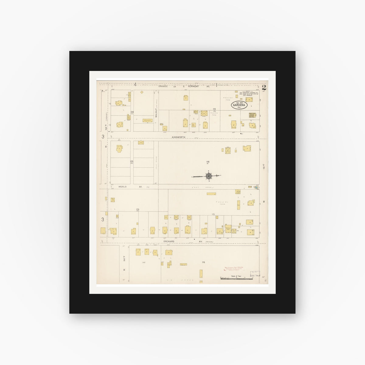Old map wall art mockup — black gallery frame with white mat — Sanborn Fire Insurance Map from Gardena, Los Angeles County, California (1912), Sheet #0002