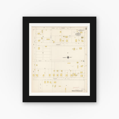 Old map wall art mockup — black gallery frame with white mat — Sanborn Fire Insurance Map from Gardena, Los Angeles County, California (1912), Sheet #0002