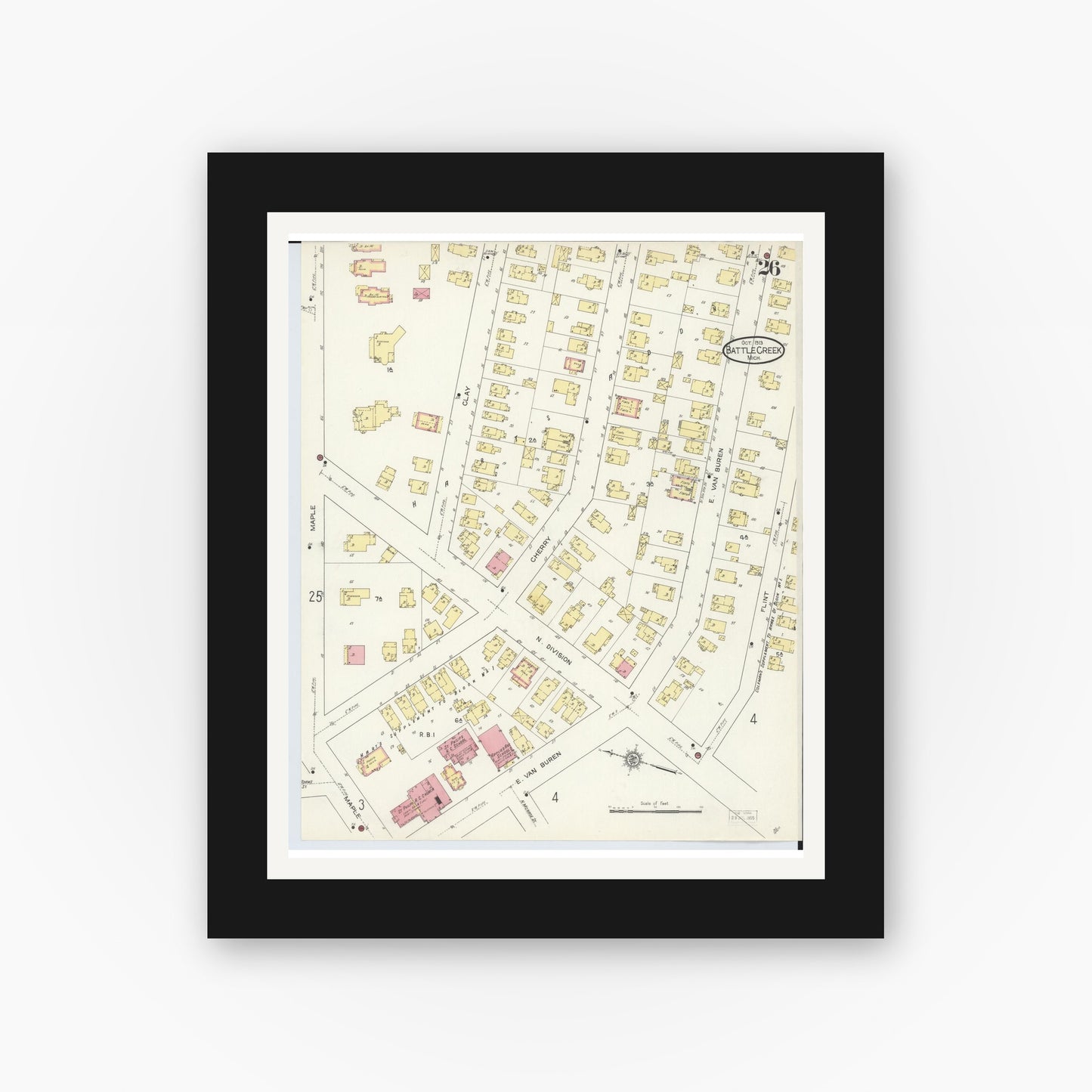 Old map wall art mockup — black gallery frame with white mat — Sanborn Fire Insurance Map from Battle Creek, Calhoun County, Michigan (1913), Sheet #0026
