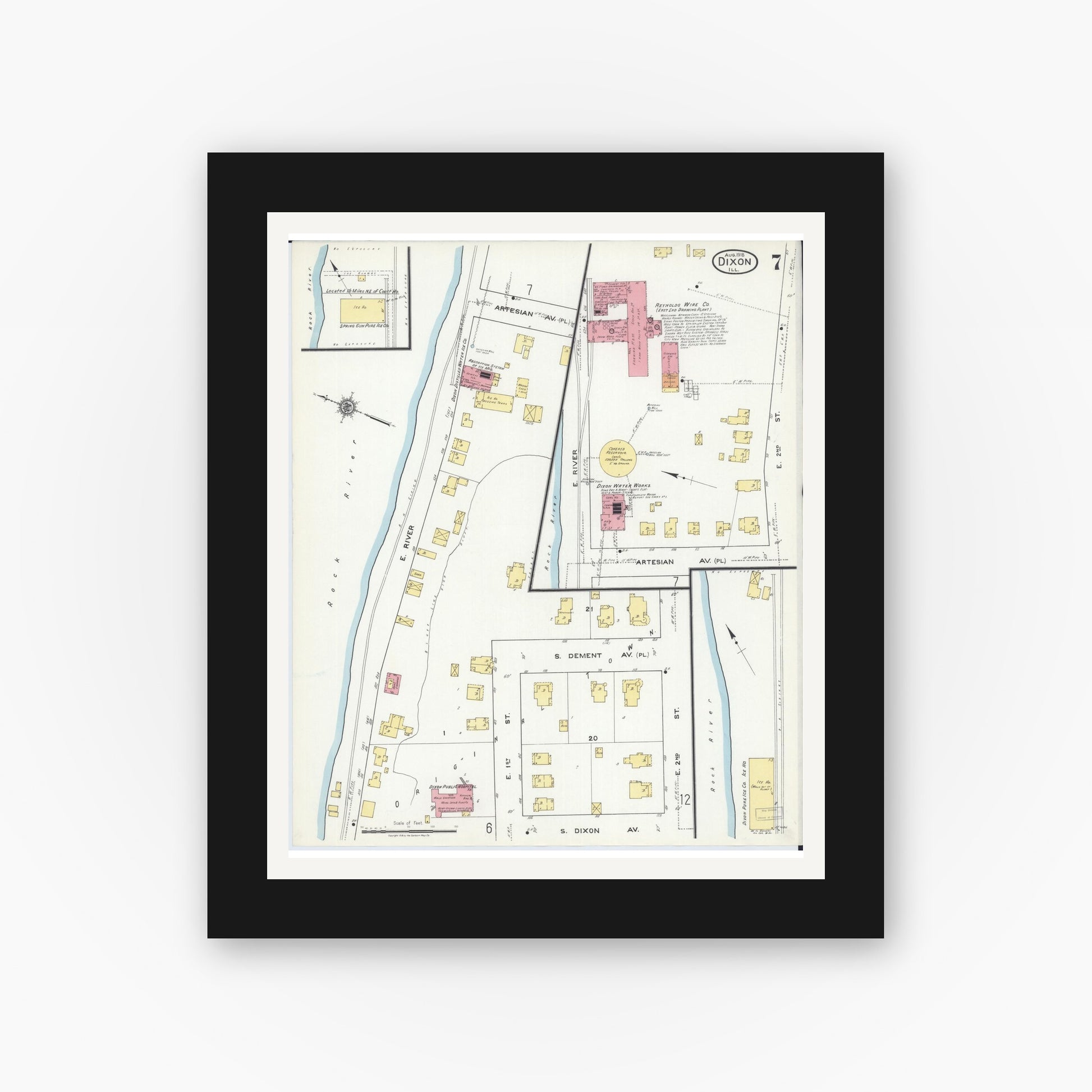 Old map wall art mockup — black gallery frame with white mat — Sanborn Fire Insurance Map from Dixon, Lee County, Illinois (1918), Sheet #0007