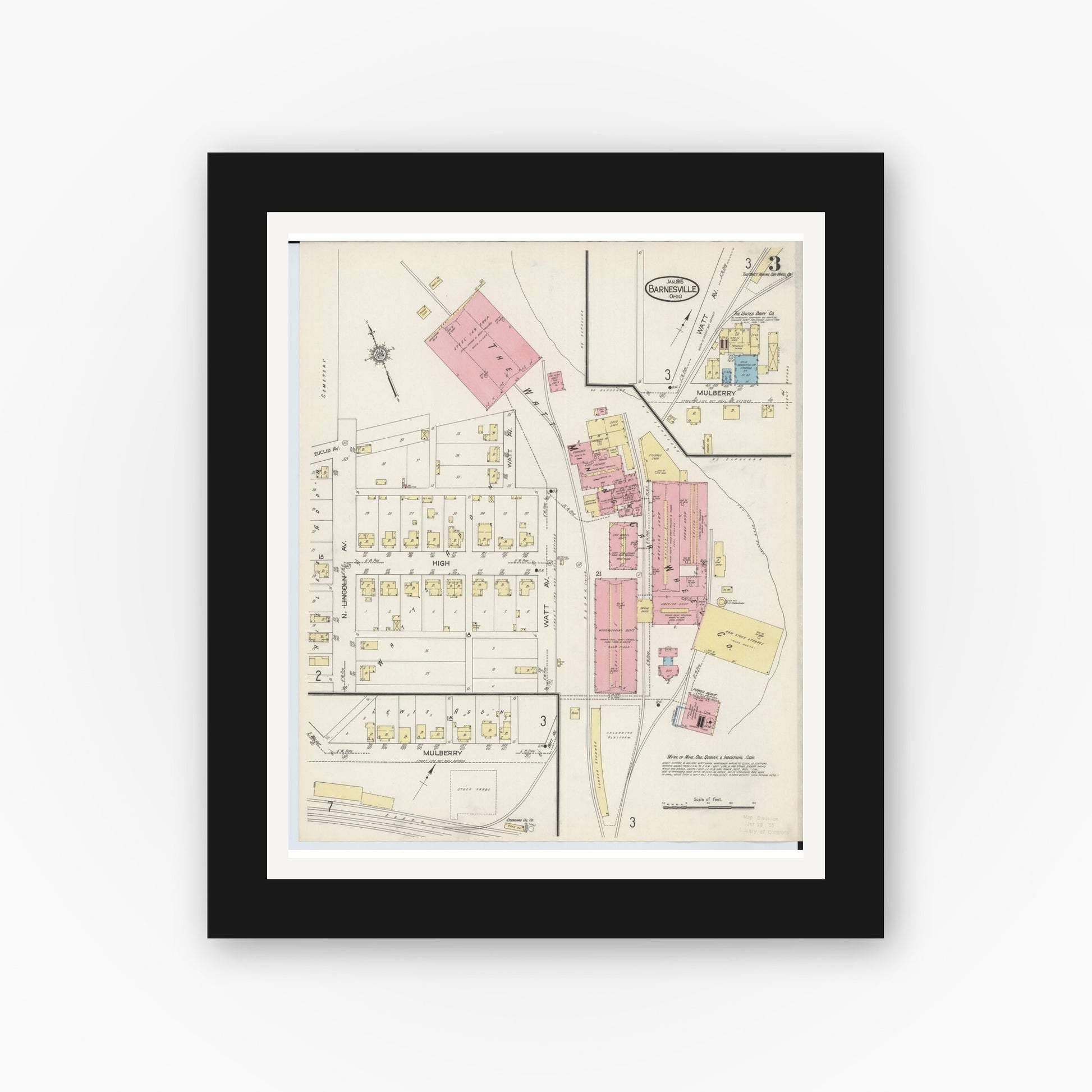 Old map wall art mockup — black gallery frame with white mat — Sanborn Fire Insurance Map from Barnesville, Belmont County, Ohio (1915), Sheet #0003