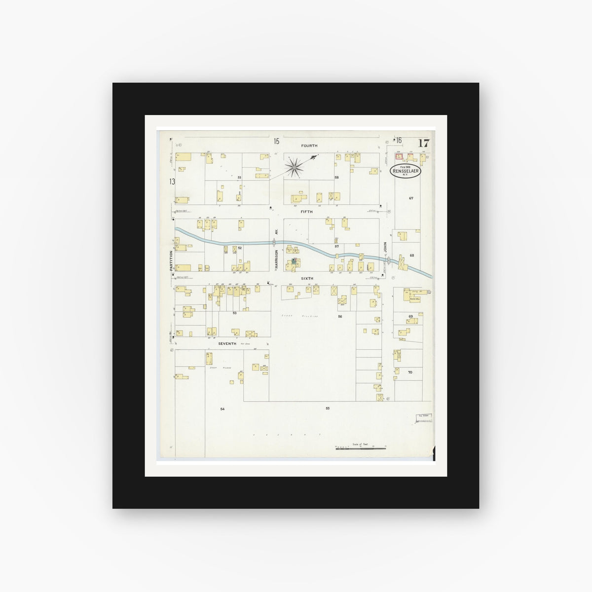 Old map wall art mockup — black gallery frame with white mat — Sanborn Fire Insurance Map from Rensselaer, Rensselaer County, New York (1909), Sheet #0017