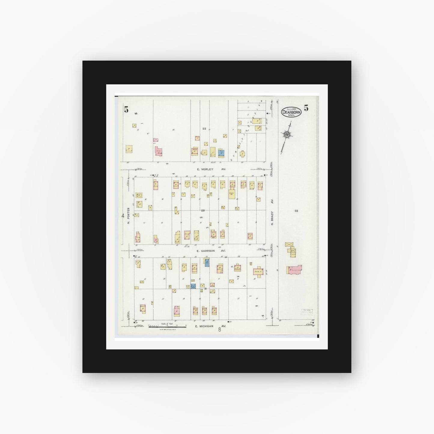 Old map wall art mockup — black gallery frame with white mat — Sanborn Fire Insurance Map from Dearborn, Wayne County, Michigan (1924), Sheet #0005