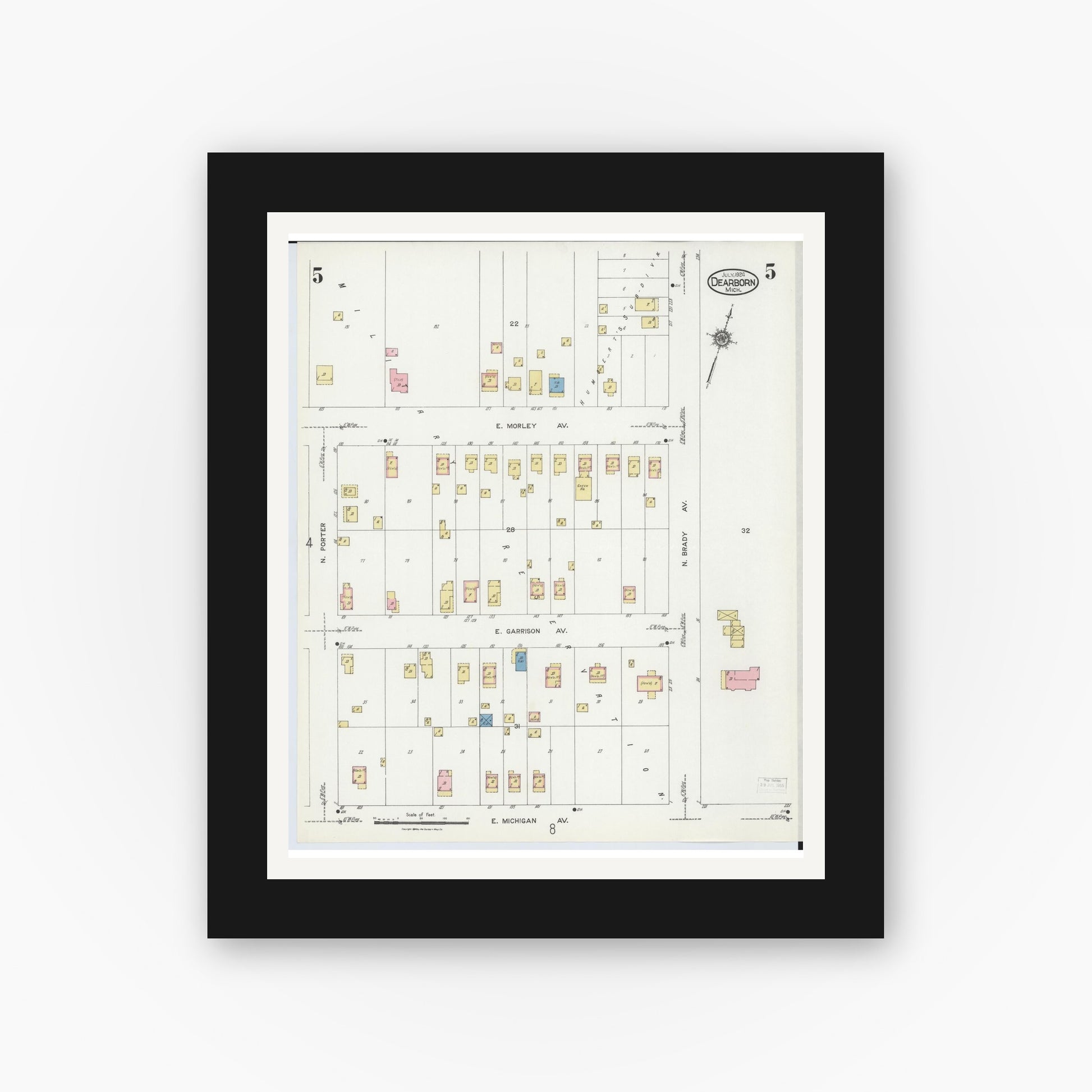 Old map wall art mockup — black gallery frame with white mat — Sanborn Fire Insurance Map from Dearborn, Wayne County, Michigan (1924), Sheet #0005