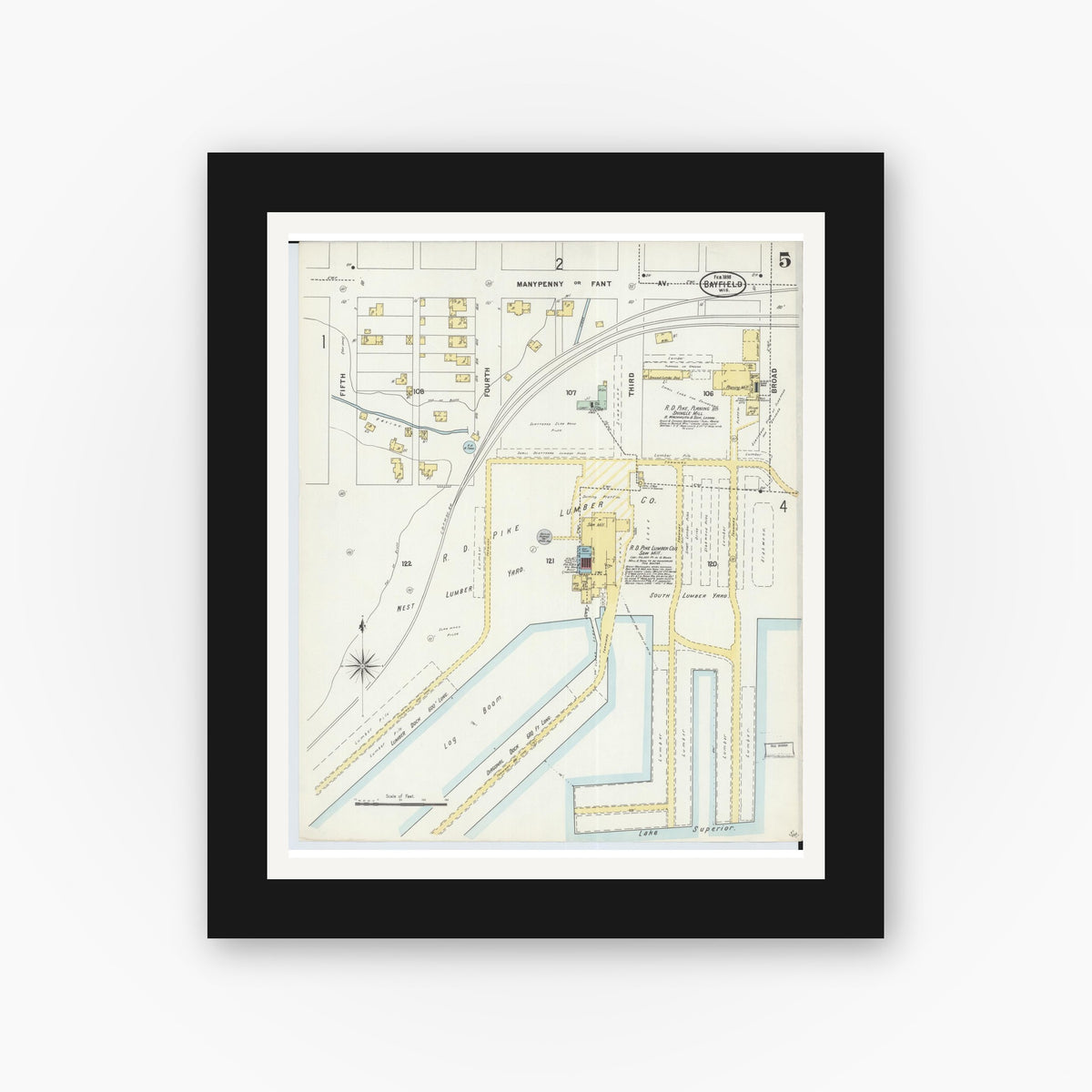 Old map wall art mockup — black gallery frame with white mat — Sanborn Fire Insurance Map from Bayfield, Bayfield County, Wisconsin (1898), Sheet #0005