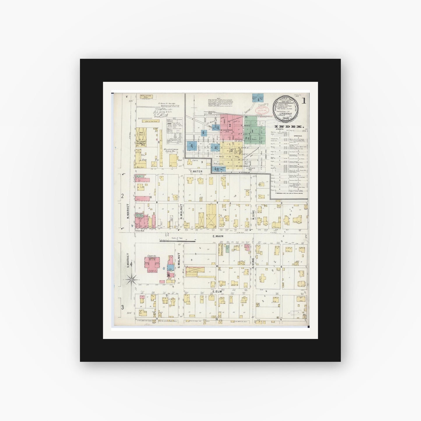 Old map wall art mockup — black gallery frame with white mat — Sanborn Fire Insurance Map from Urbana, Champaign County, Illinois (1897) - Complete Map Set