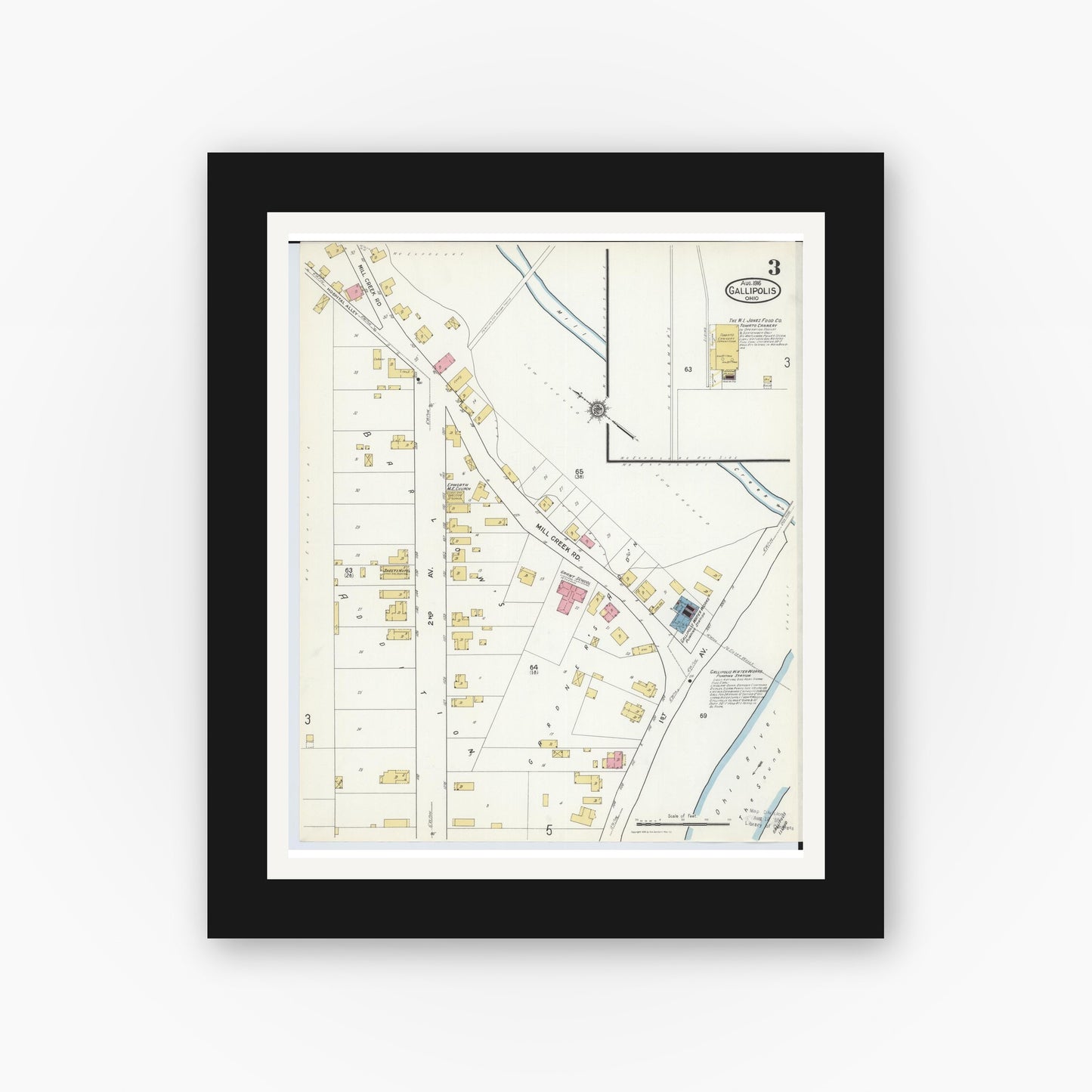 Old map wall art mockup — black gallery frame with white mat — Sanborn Fire Insurance Map from Gallipolis, Gallia County, Ohio (1916), Sheet #0003