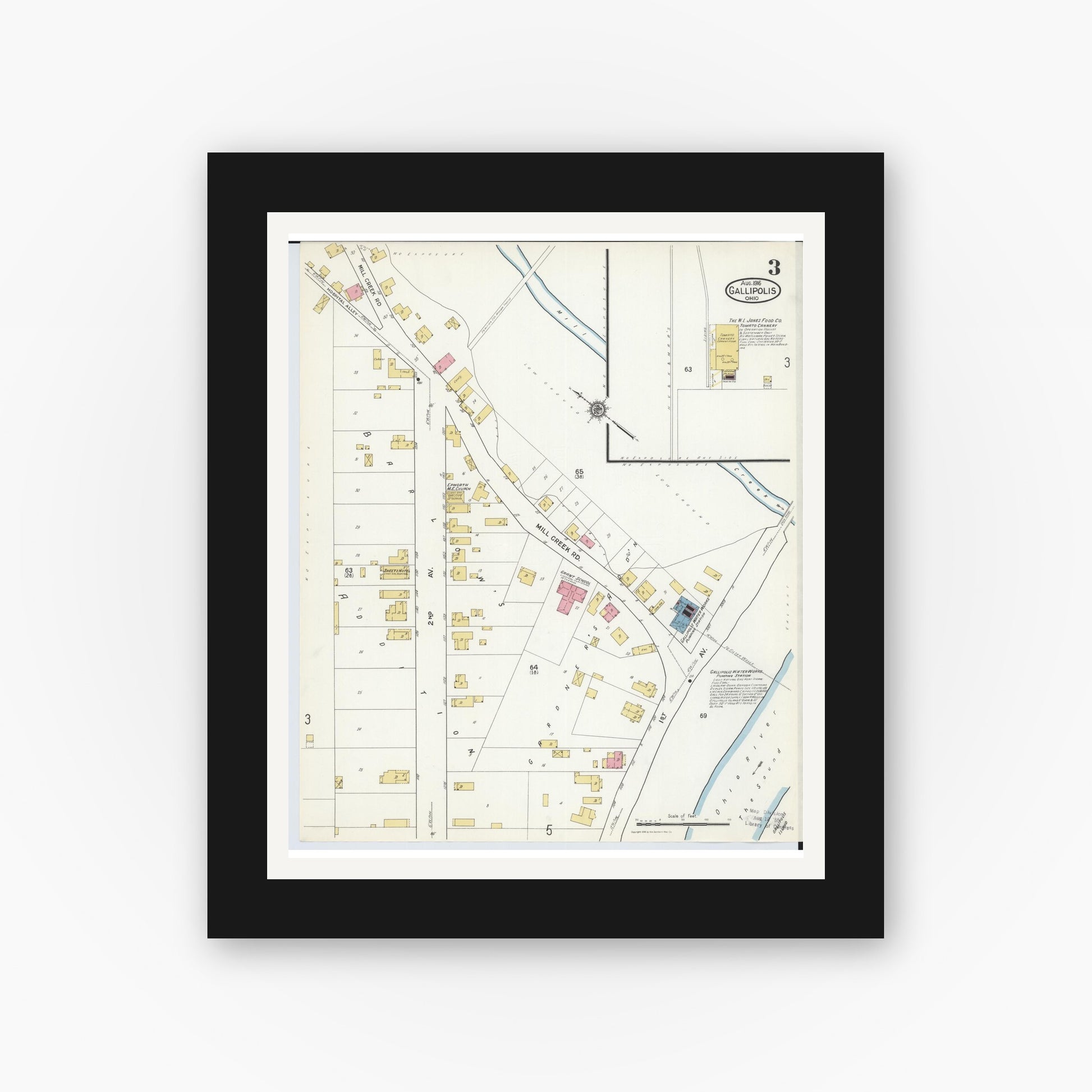 Old map wall art mockup — black gallery frame with white mat — Sanborn Fire Insurance Map from Gallipolis, Gallia County, Ohio (1916), Sheet #0003