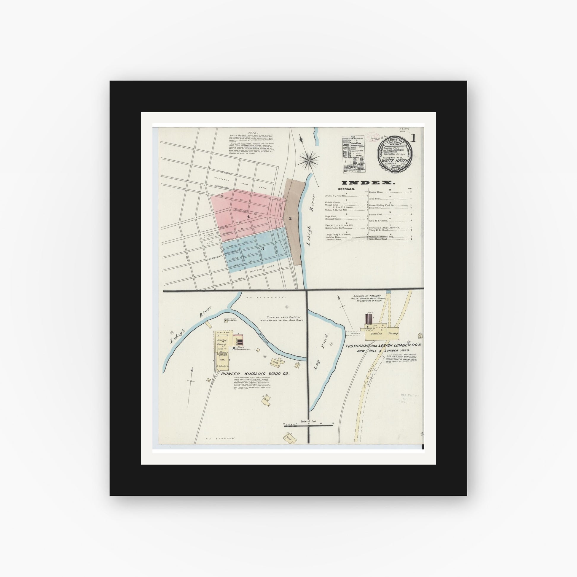 Old map wall art mockup — black gallery frame with white mat — Sanborn Fire Insurance Map from White Haven, Luzerne County, Pennsylvania (1891) - Complete Map Set