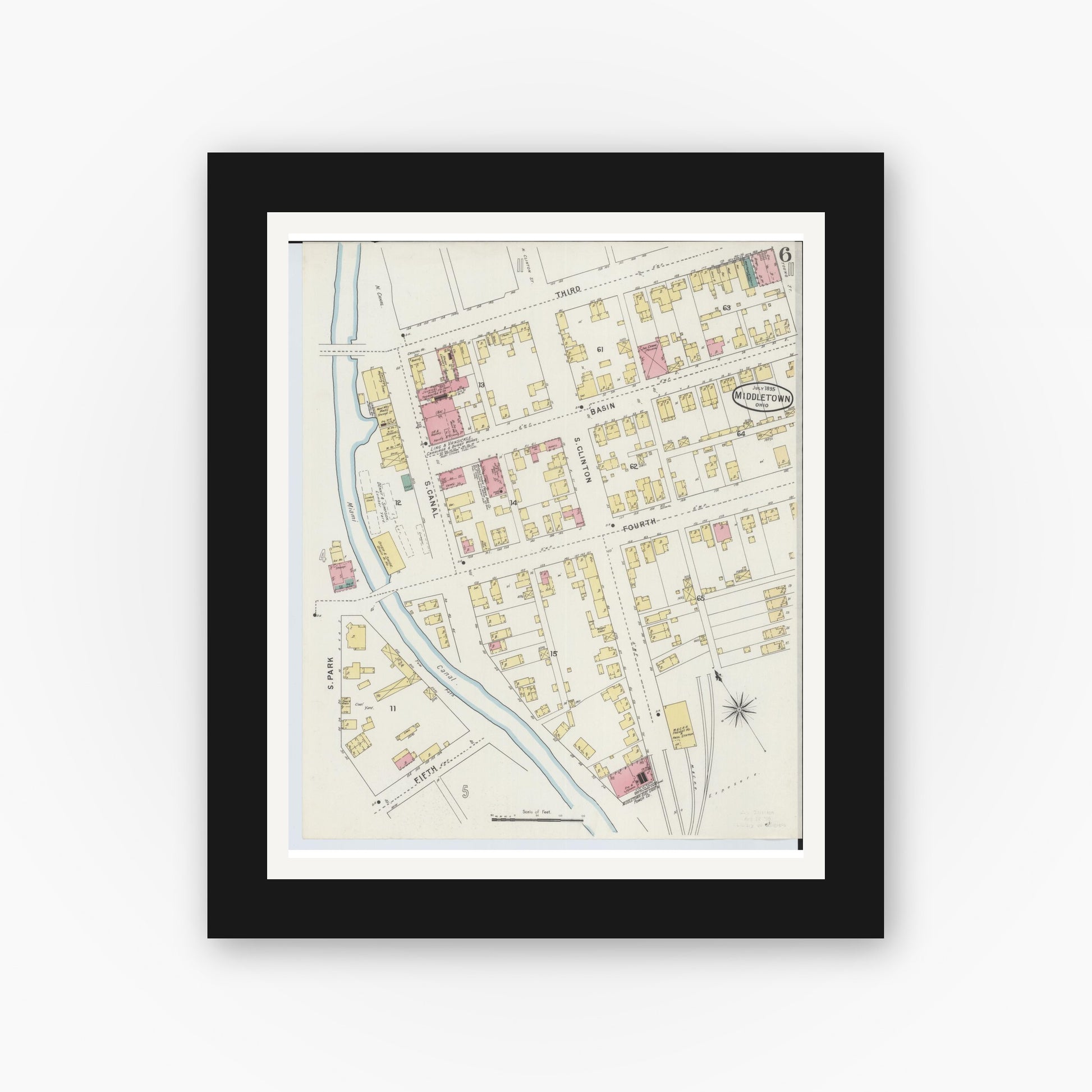 Old map wall art mockup — black gallery frame with white mat — Sanborn Fire Insurance Map from Middletown, Butler County, Ohio (1895), Sheet #0006