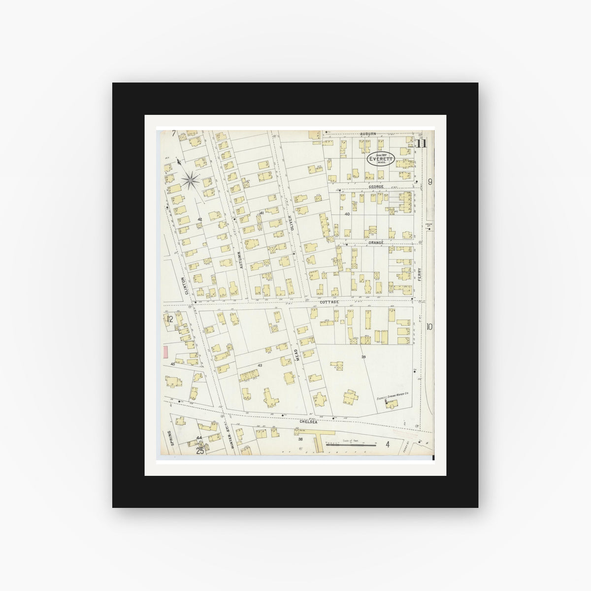 Old map wall art mockup — black gallery frame with white mat — Sanborn Fire Insurance Map from Everett, Middlesex County, Massachusetts (1897), Sheet #0011
