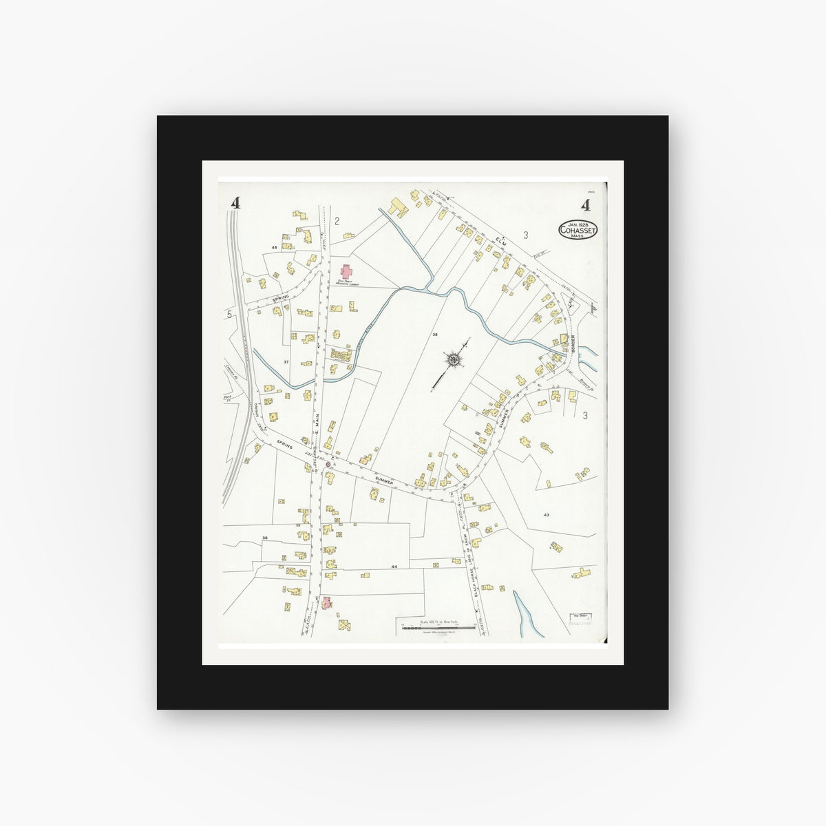 Old map wall art mockup — black gallery frame with white mat — Sanborn Fire Insurance Map from Cohasset, Norfolk County, Massachusetts (1928), Sheet #0004