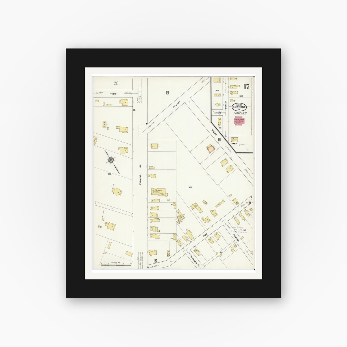 Old map wall art mockup — black gallery frame with white mat — Sanborn Fire Insurance Map from Luzerne, Luzerne County, Pennsylvania (1911), Sheet #0017