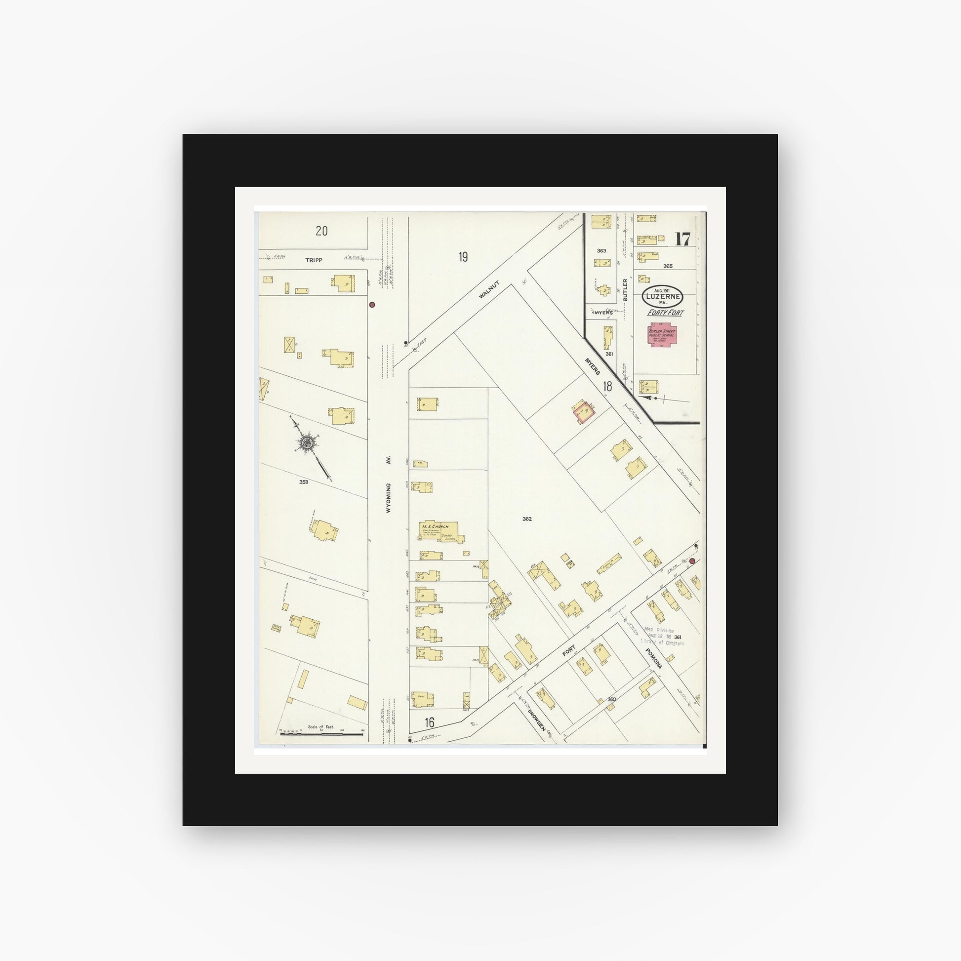 Old map wall art mockup — black gallery frame with white mat — Sanborn Fire Insurance Map from Luzerne, Luzerne County, Pennsylvania (1911), Sheet #0017