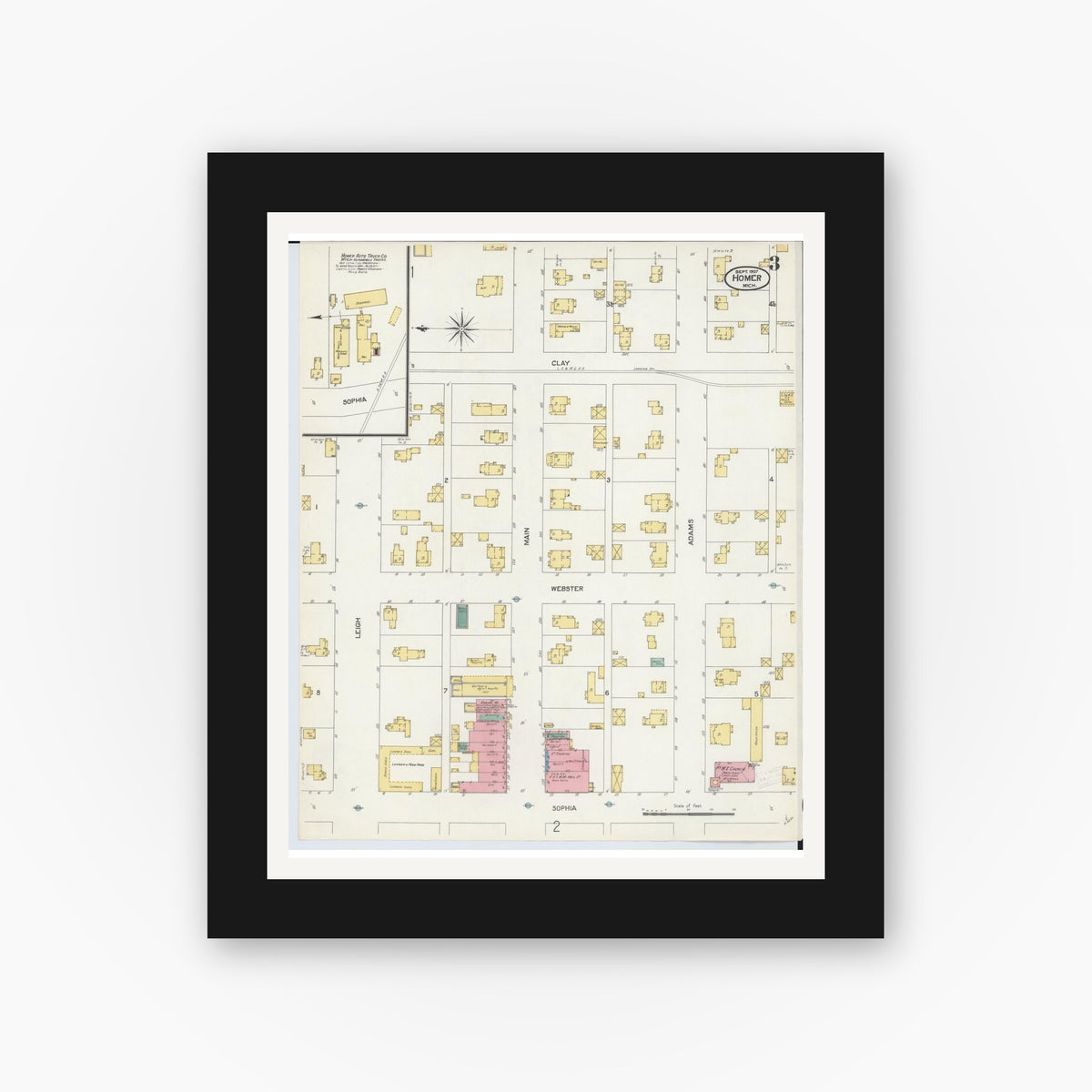 Old map wall art mockup — black gallery frame with white mat — Sanborn Fire Insurance Map from Homer, Calhoun County, Michigan (1907), Sheet #0003