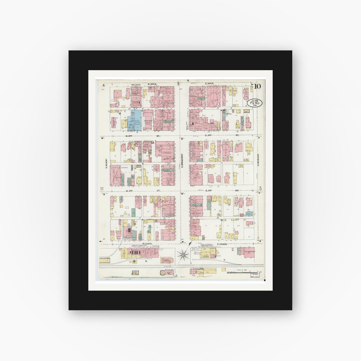 Old map wall art mockup — black gallery frame with white mat — Sanborn Fire Insurance Map from Peru, Miami County, Indiana (1906), Sheet #0010