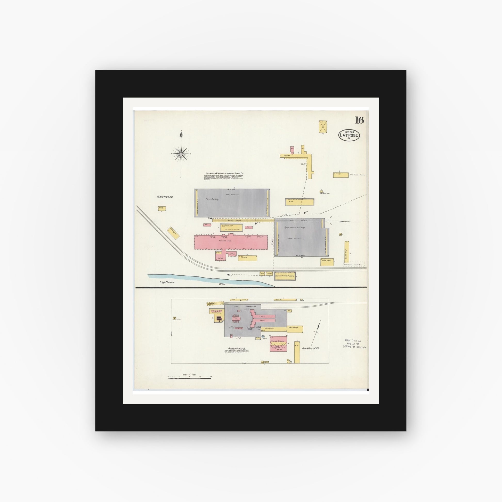 Old map wall art mockup — black gallery frame with white mat — Sanborn Fire Insurance Map from Latrobe, Westmoreland County, Pennsylvania (1903), Sheet #0016