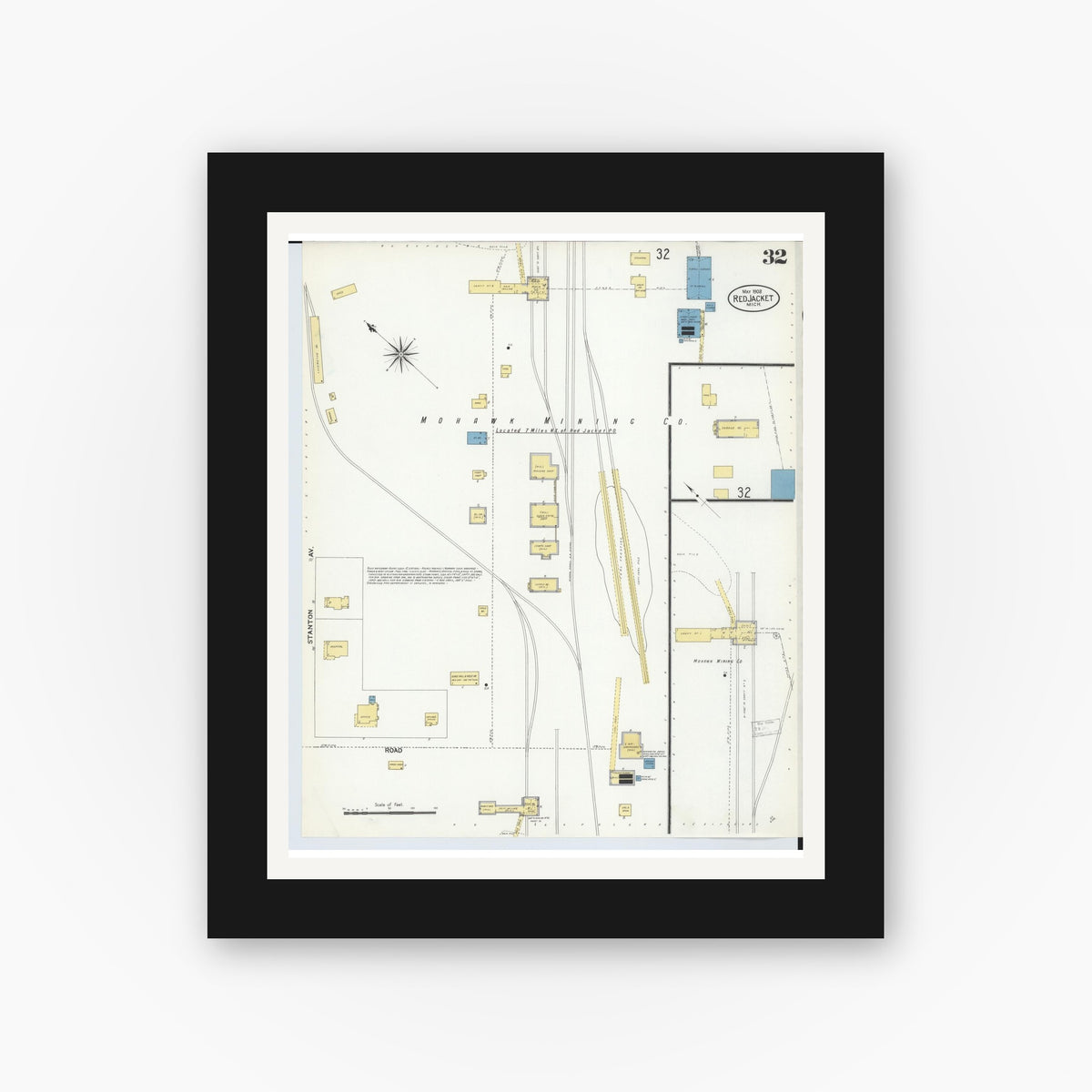 Old map wall art mockup — black gallery frame with white mat — Sanborn Fire Insurance Map from Red Jacket, Houghton County, Michigan (1908), Sheet #0032