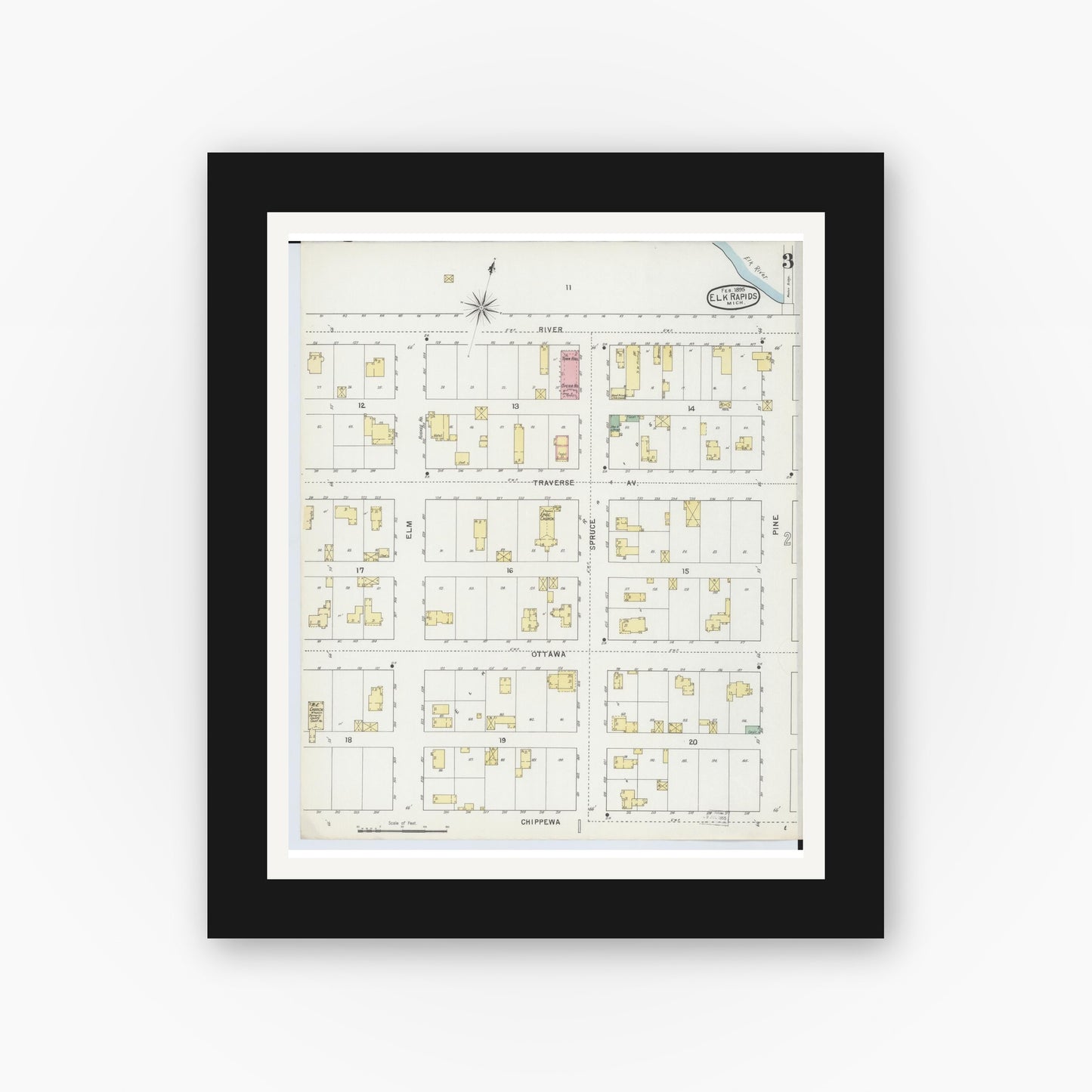 Old map wall art mockup — black gallery frame with white mat — Sanborn Fire Insurance Map from Elk Rapids, Antrim County, Michigan (1895), Sheet #0003