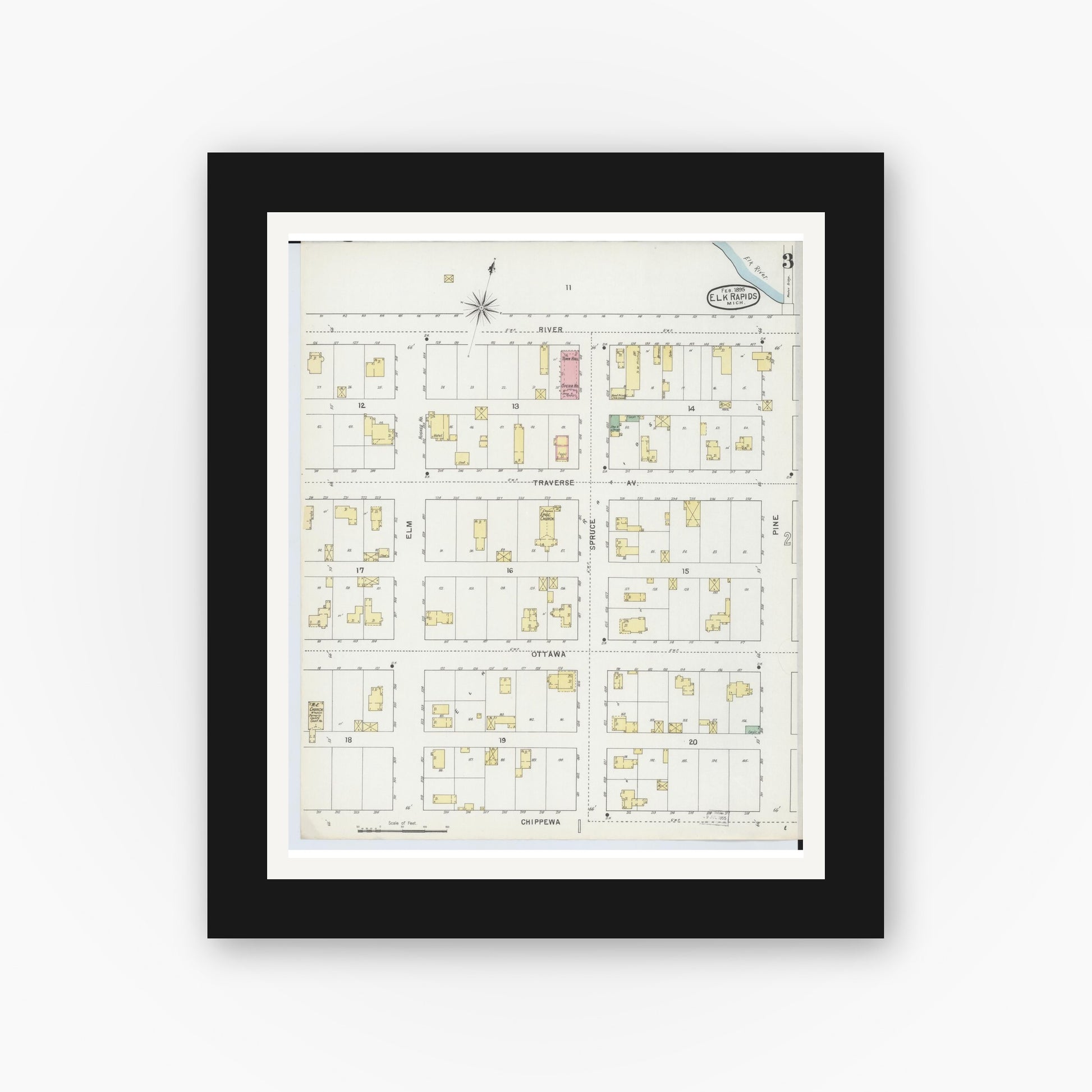 Old map wall art mockup — black gallery frame with white mat — Sanborn Fire Insurance Map from Elk Rapids, Antrim County, Michigan (1895), Sheet #0003