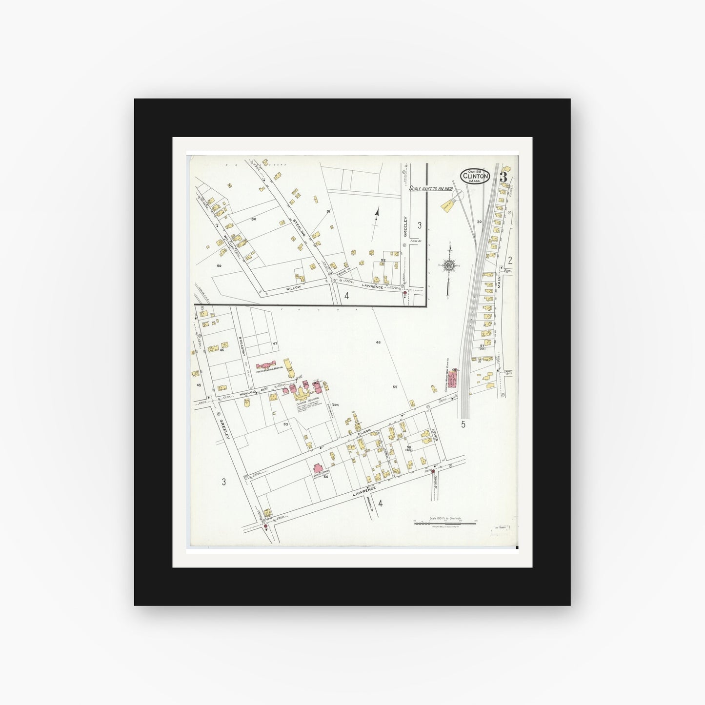 Old map wall art mockup — black gallery frame with white mat — Sanborn Fire Insurance Map from Clinton, Worcester County, Massachusetts (1919), Sheet #0003