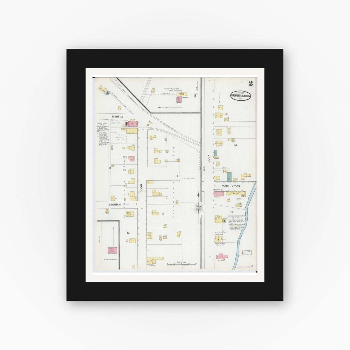 Old map wall art mockup — black gallery frame with white mat — Sanborn Fire Insurance Map from Fredericktown, Madison County, Missouri (1893), Sheet #0002