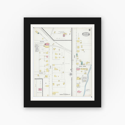 Old map wall art mockup — black gallery frame with white mat — Sanborn Fire Insurance Map from Fredericktown, Madison County, Missouri (1893), Sheet #0002