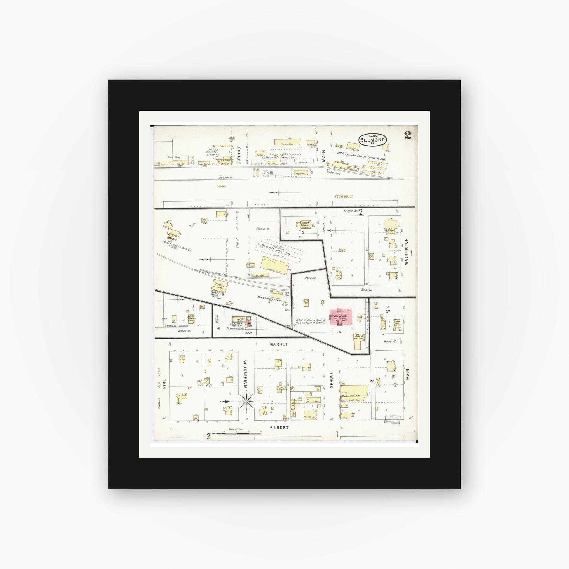 Old map wall art mockup — black gallery frame with white mat — Sanborn Fire Insurance Map from Belmond, Wright County, Iowa (1896), Sheet #0002