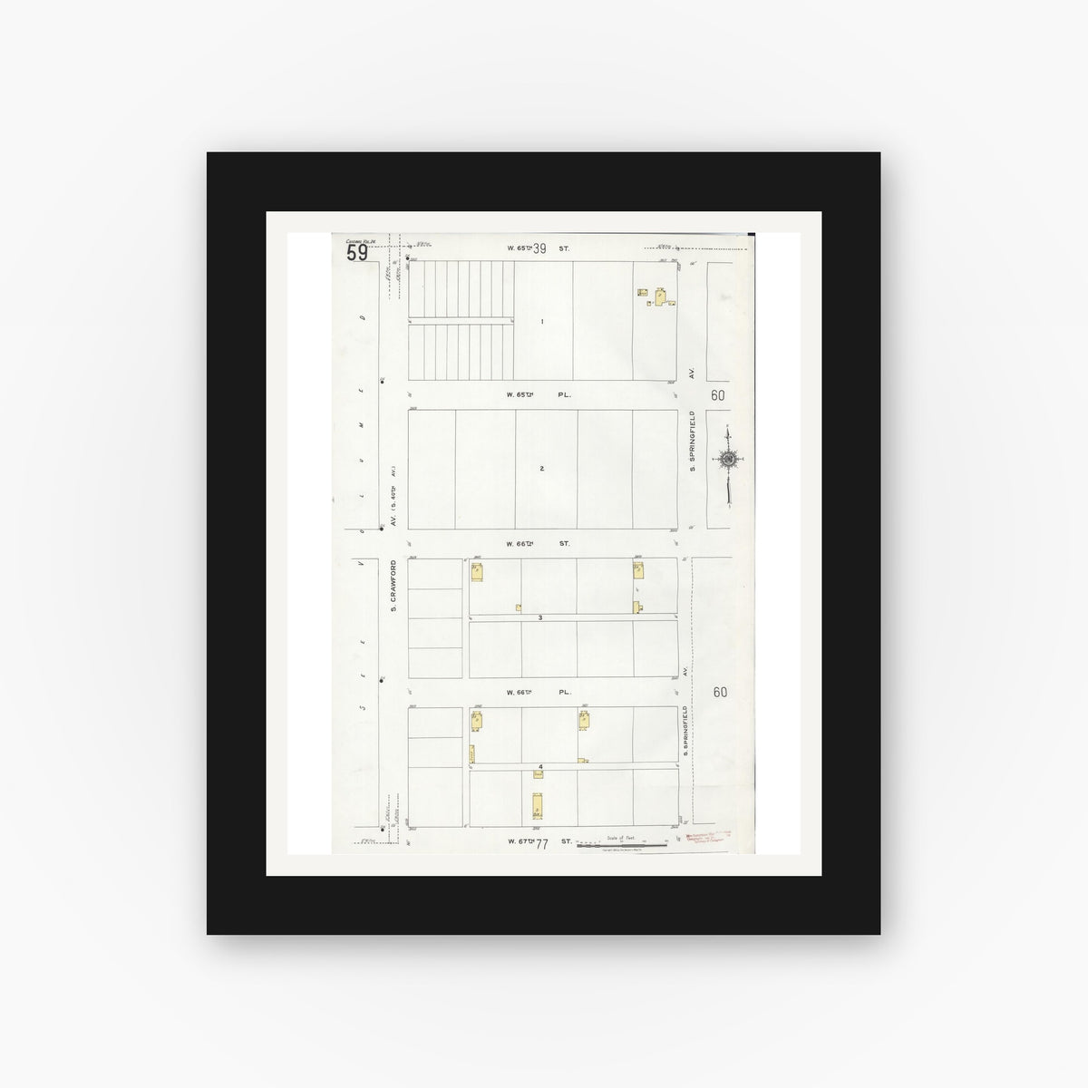 Old map wall art mockup — black gallery frame with white mat — Sanborn Fire Insurance Map from Chicago, Cook County, Illinois (1920), Sheet #0059