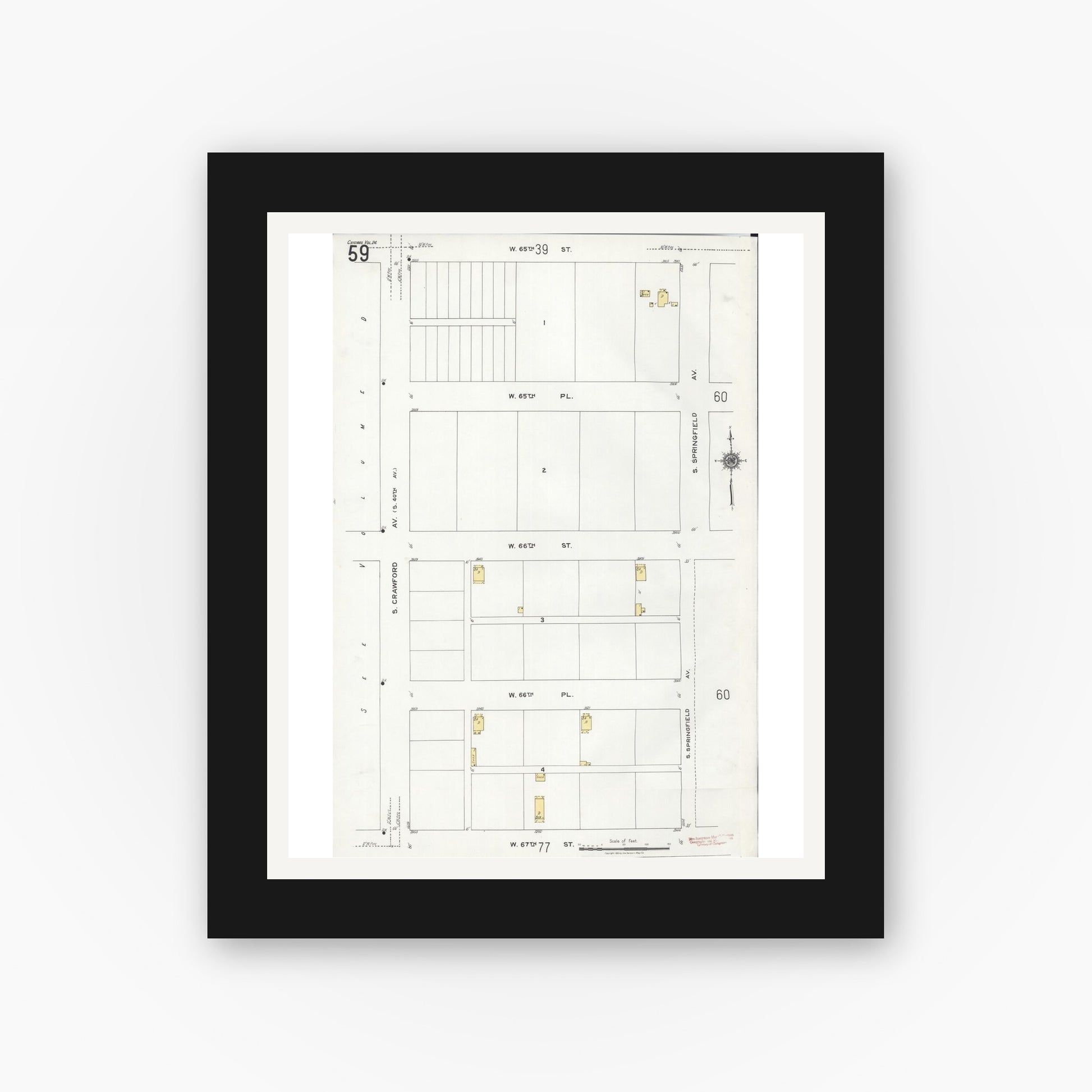 Old map wall art mockup — black gallery frame with white mat — Sanborn Fire Insurance Map from Chicago, Cook County, Illinois (1920), Sheet #0059