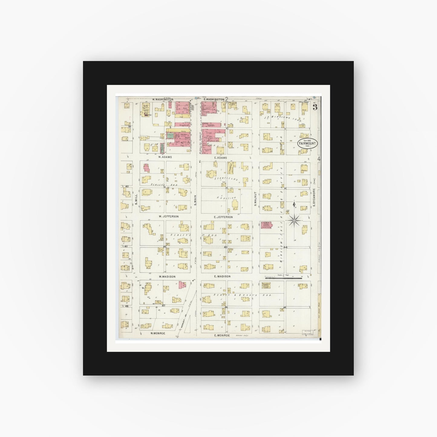 Old map wall art mockup — black gallery frame with white mat — Sanborn Fire Insurance Map from Fairmount, Grant County, Indiana (1898), Sheet #0003