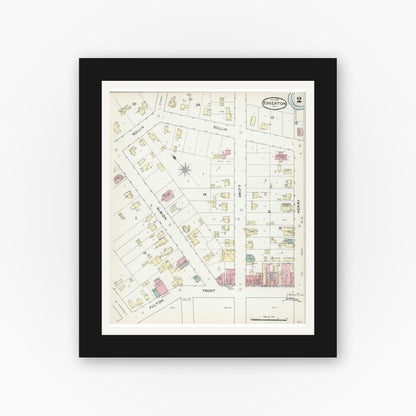 Old map wall art mockup — black gallery frame with white mat — Sanborn Fire Insurance Map from Edgerton, Rock County, Wisconsin (1891), Sheet #0002