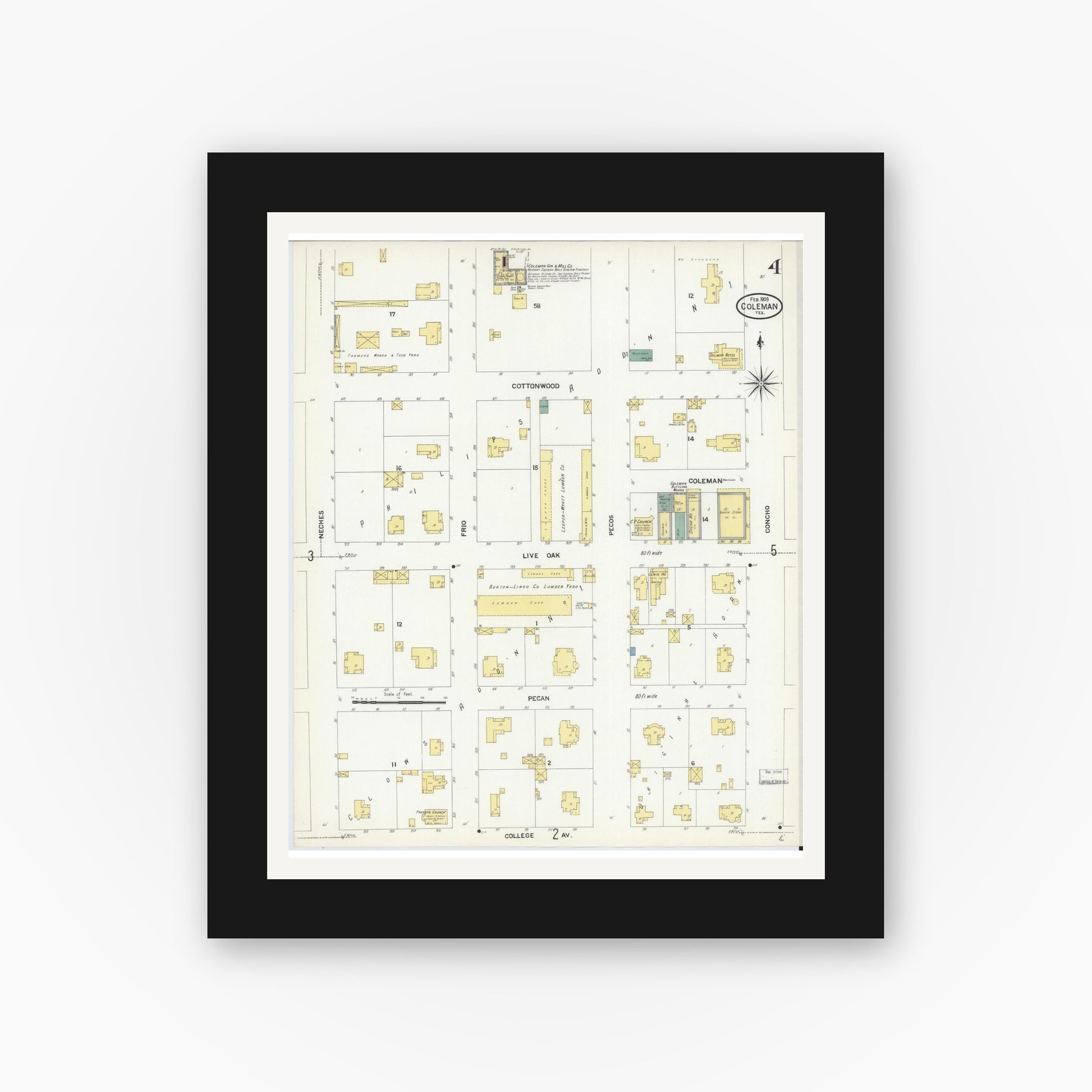 Old map wall art mockup — black gallery frame with white mat — Sanborn Fire Insurance Map from Coleman, Coleman County, Texas (1909), Sheet #0004