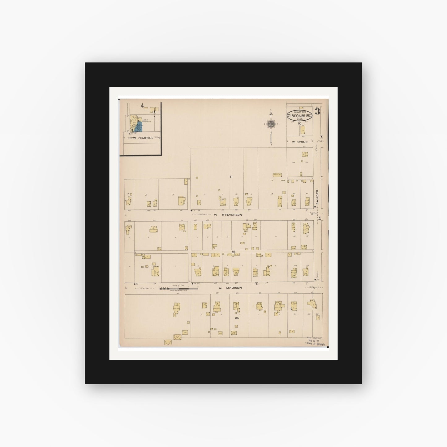 Old map wall art mockup — black gallery frame with white mat — Sanborn Fire Insurance Map from Gibsonburg, Sandusky County, Ohio (1922), Sheet #0003