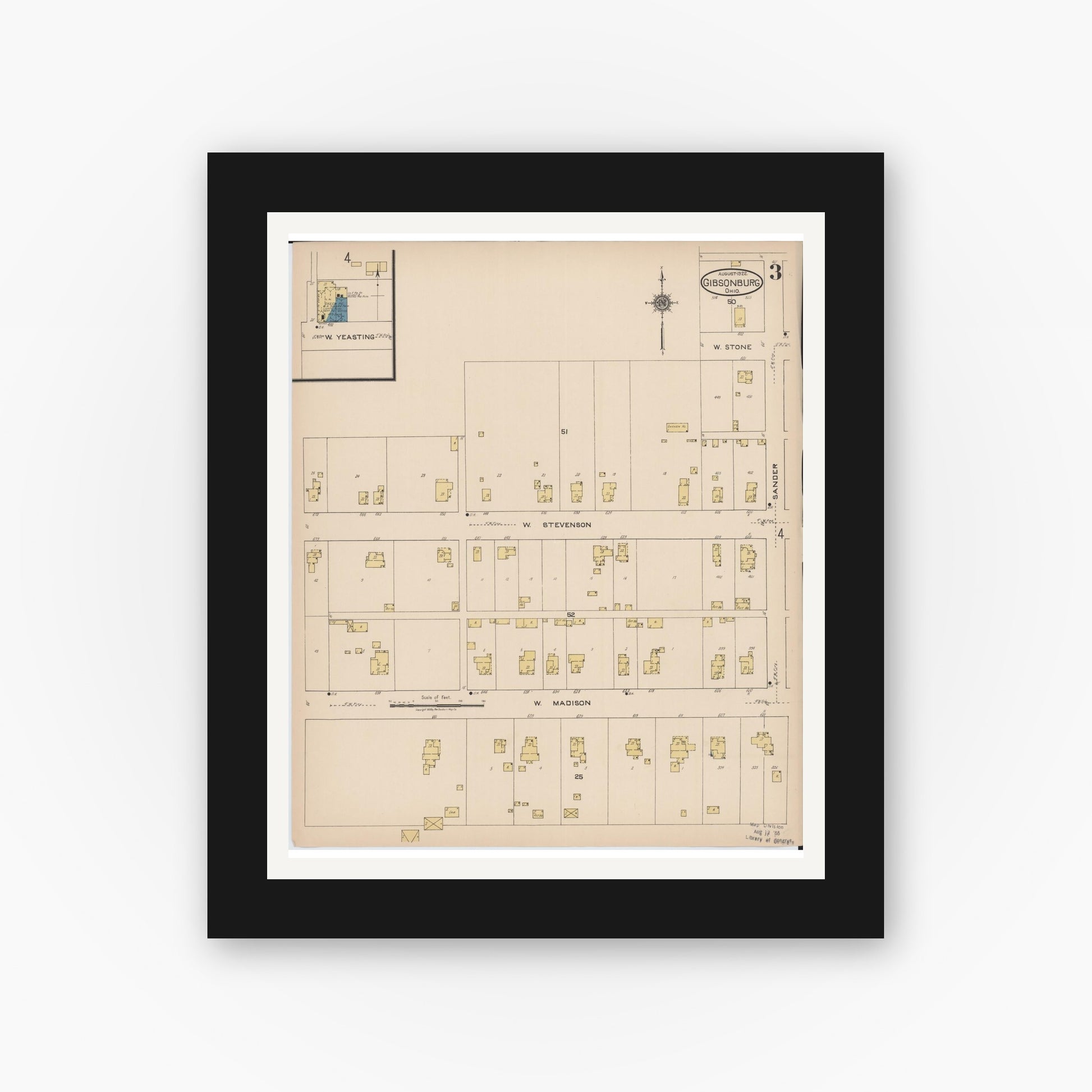 Old map wall art mockup — black gallery frame with white mat — Sanborn Fire Insurance Map from Gibsonburg, Sandusky County, Ohio (1922), Sheet #0003