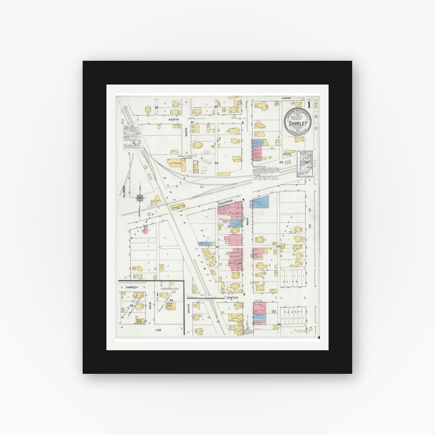 Old map wall art mockup — black gallery frame with white mat — Sanborn Fire Insurance Map from Shirley, Hancock And Henry Counties, Indiana (1919) - Complete Map Set