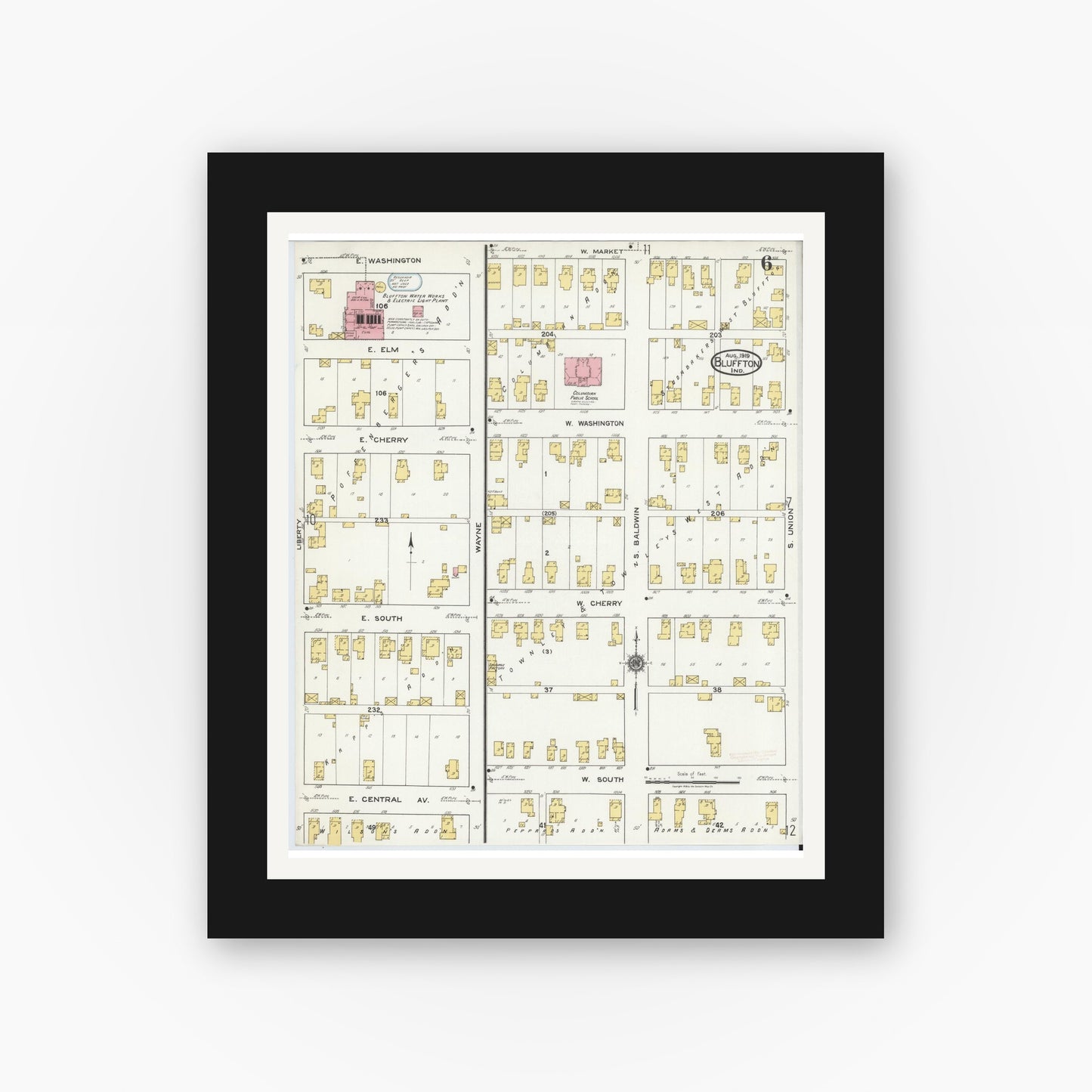 Old map wall art mockup — black gallery frame with white mat — Sanborn Fire Insurance Map from Bluffton, Wells County, Indiana (1919), Sheet #0006