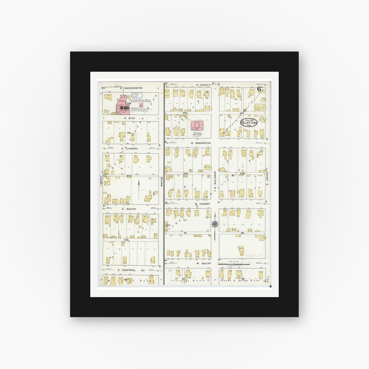 Old map wall art mockup — black gallery frame with white mat — Sanborn Fire Insurance Map from Bluffton, Wells County, Indiana (1919), Sheet #0006