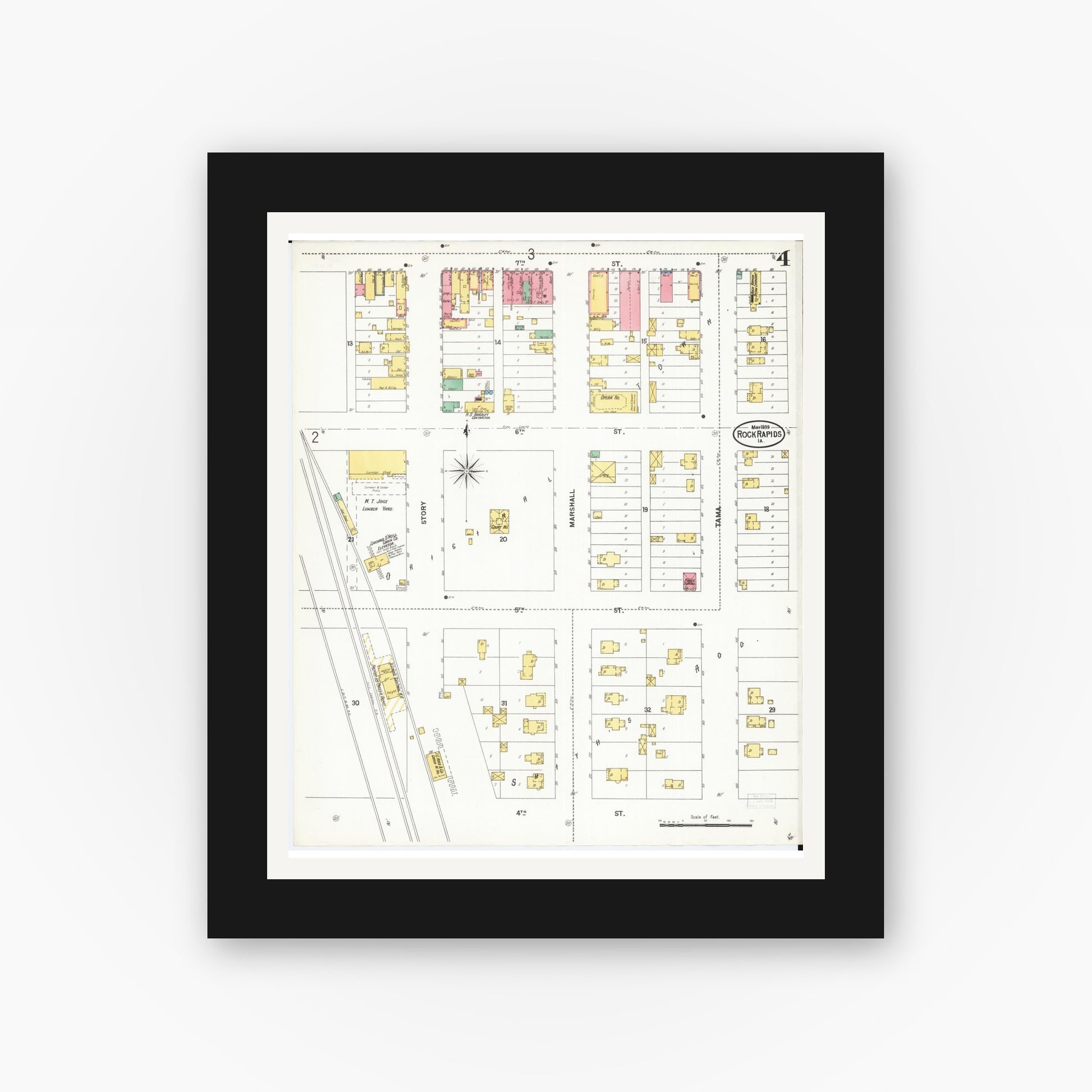 Old map wall art mockup — black gallery frame with white mat — Sanborn Fire Insurance Map from Rock Rapids, Lyon County, Iowa (1899), Sheet #0004