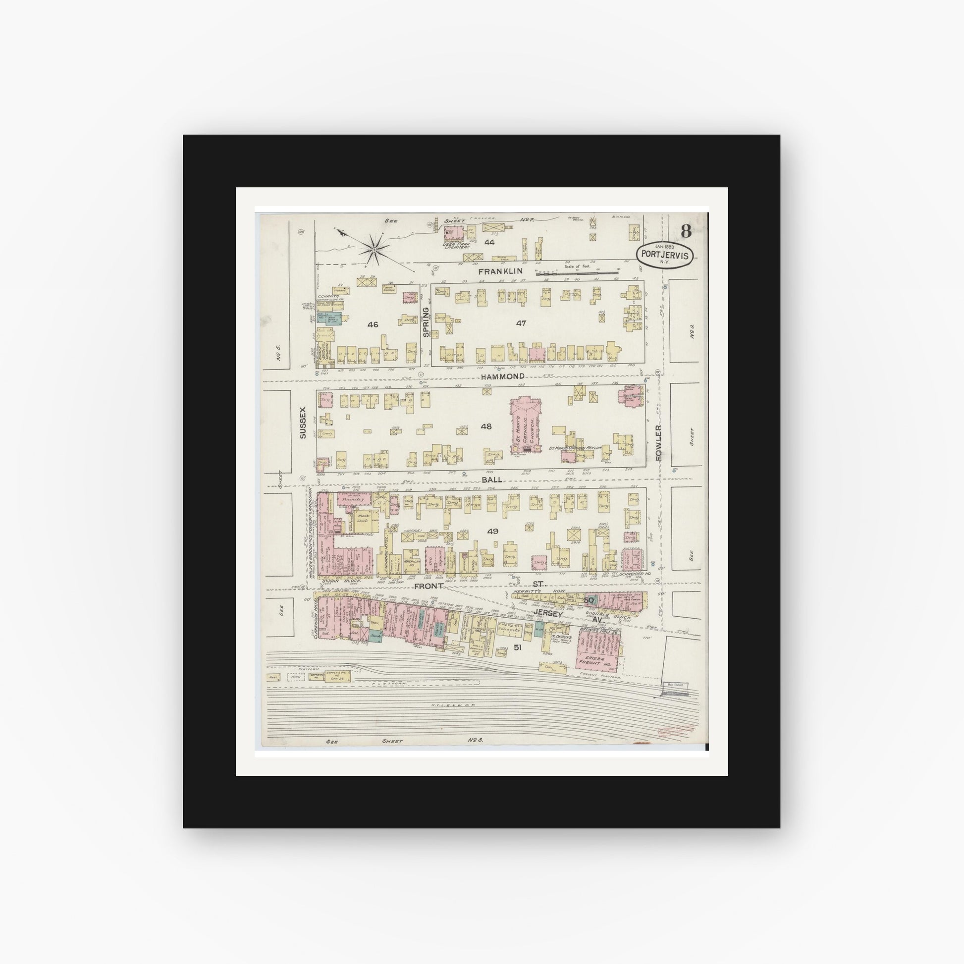Old map wall art mockup — black gallery frame with white mat — Sanborn Fire Insurance Map from Port Jervis, Orange County, New York (1888), Sheet #0008