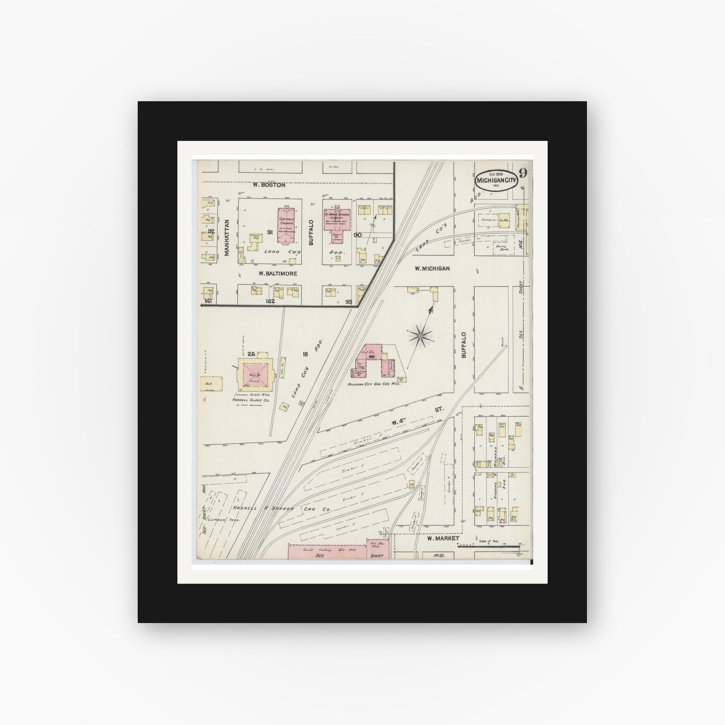 Old map wall art mockup — black gallery frame with white mat — Sanborn Fire Insurance Map from Michigan City, La Porte County, Indiana (1889), Sheet #0009