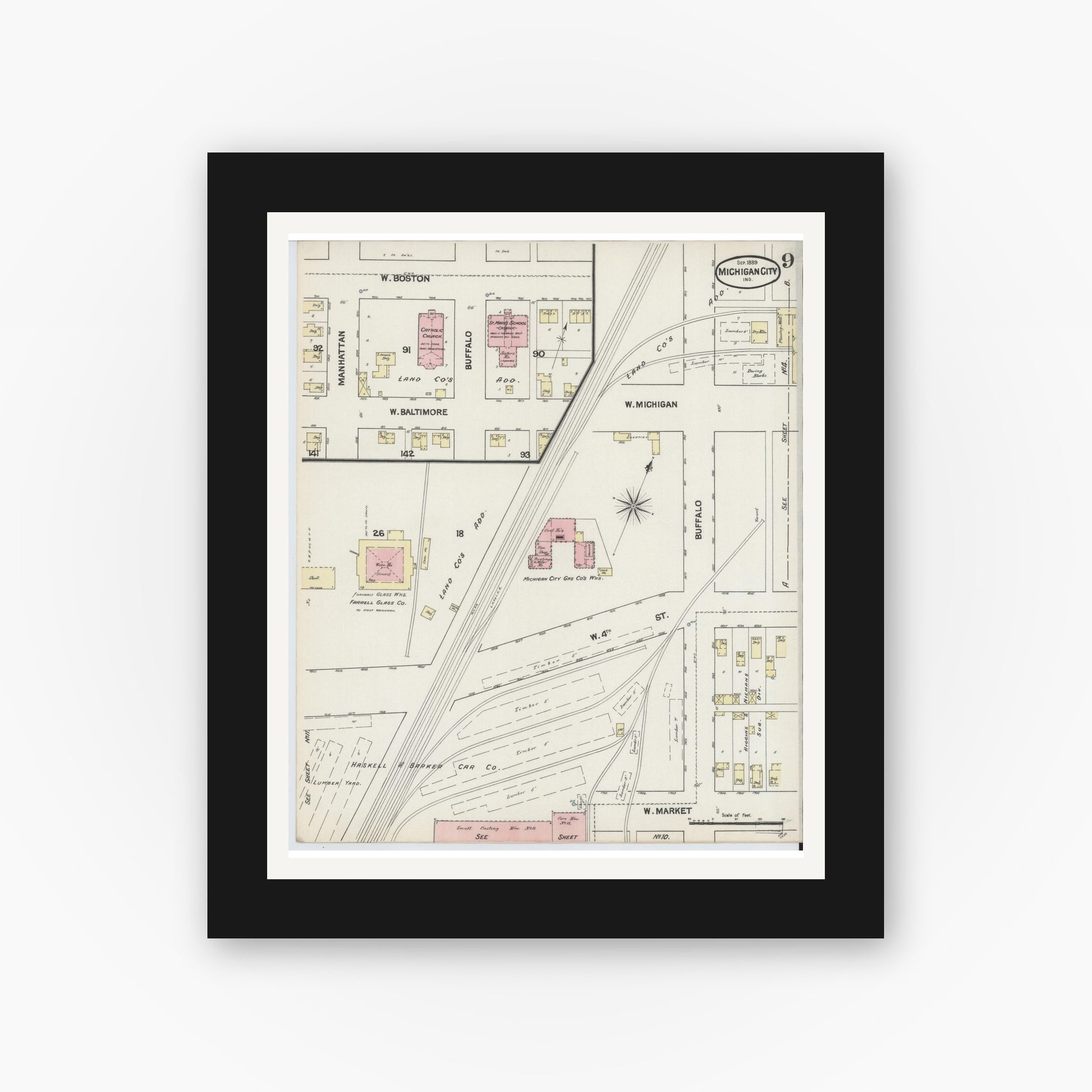Old map wall art mockup — black gallery frame with white mat — Sanborn Fire Insurance Map from Michigan City, La Porte County, Indiana (1889), Sheet #0009