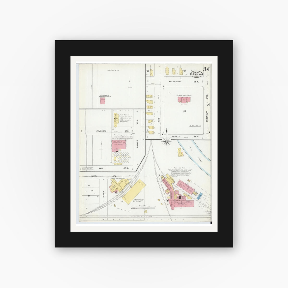 Old map wall art mockup — black gallery frame with white mat — Sanborn Fire Insurance Map from Lansing, Ingham County, Michigan (1906), Sheet #0034