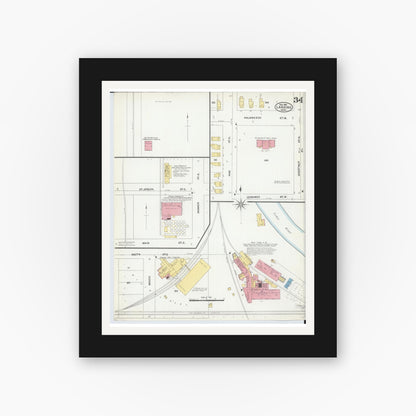 Old map wall art mockup — black gallery frame with white mat — Sanborn Fire Insurance Map from Lansing, Ingham County, Michigan (1906), Sheet #0034