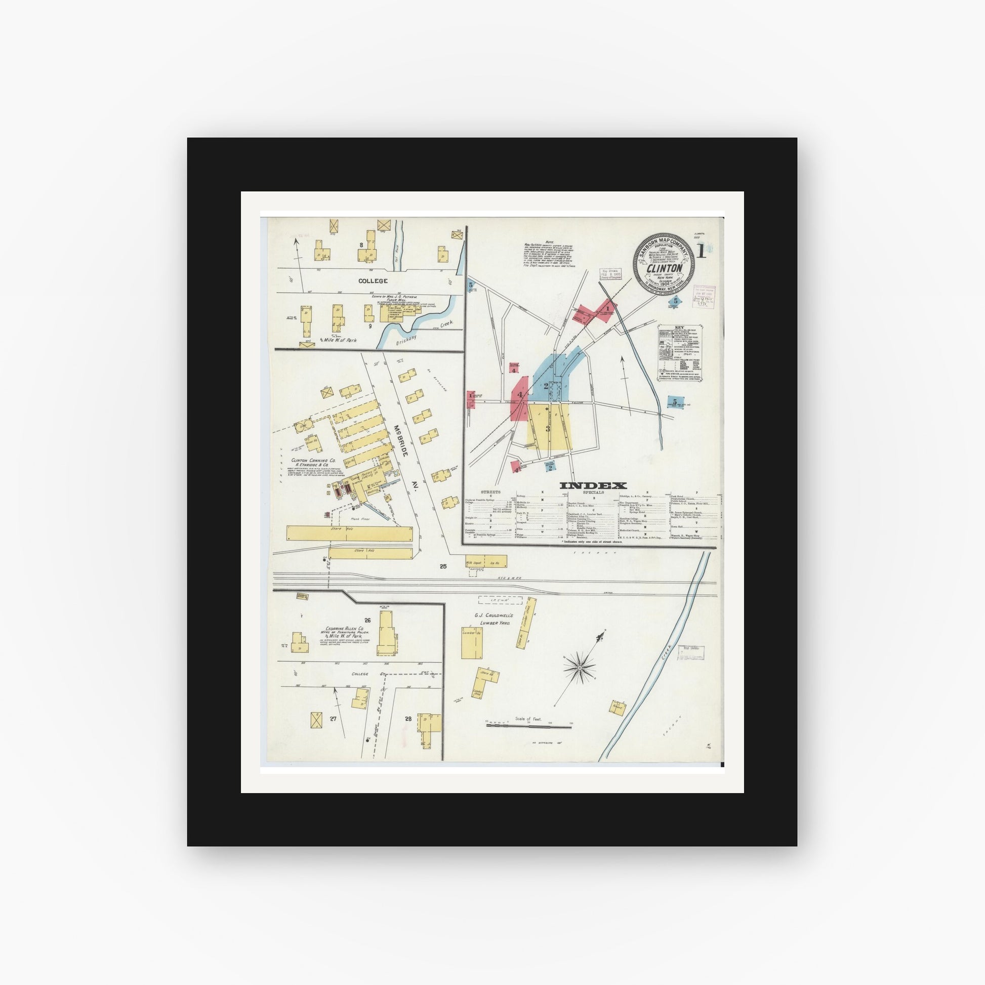 Old map wall art mockup — black gallery frame with white mat — Sanborn Fire Insurance Map from Clinton, Oneida County, New York (1904), Sheet #0001