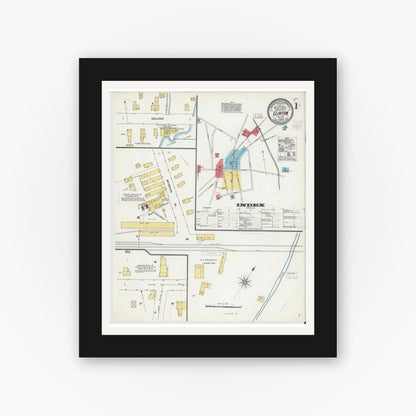 Old map wall art mockup — black gallery frame with white mat — Sanborn Fire Insurance Map from Clinton, Oneida County, New York (1904), Sheet #0001