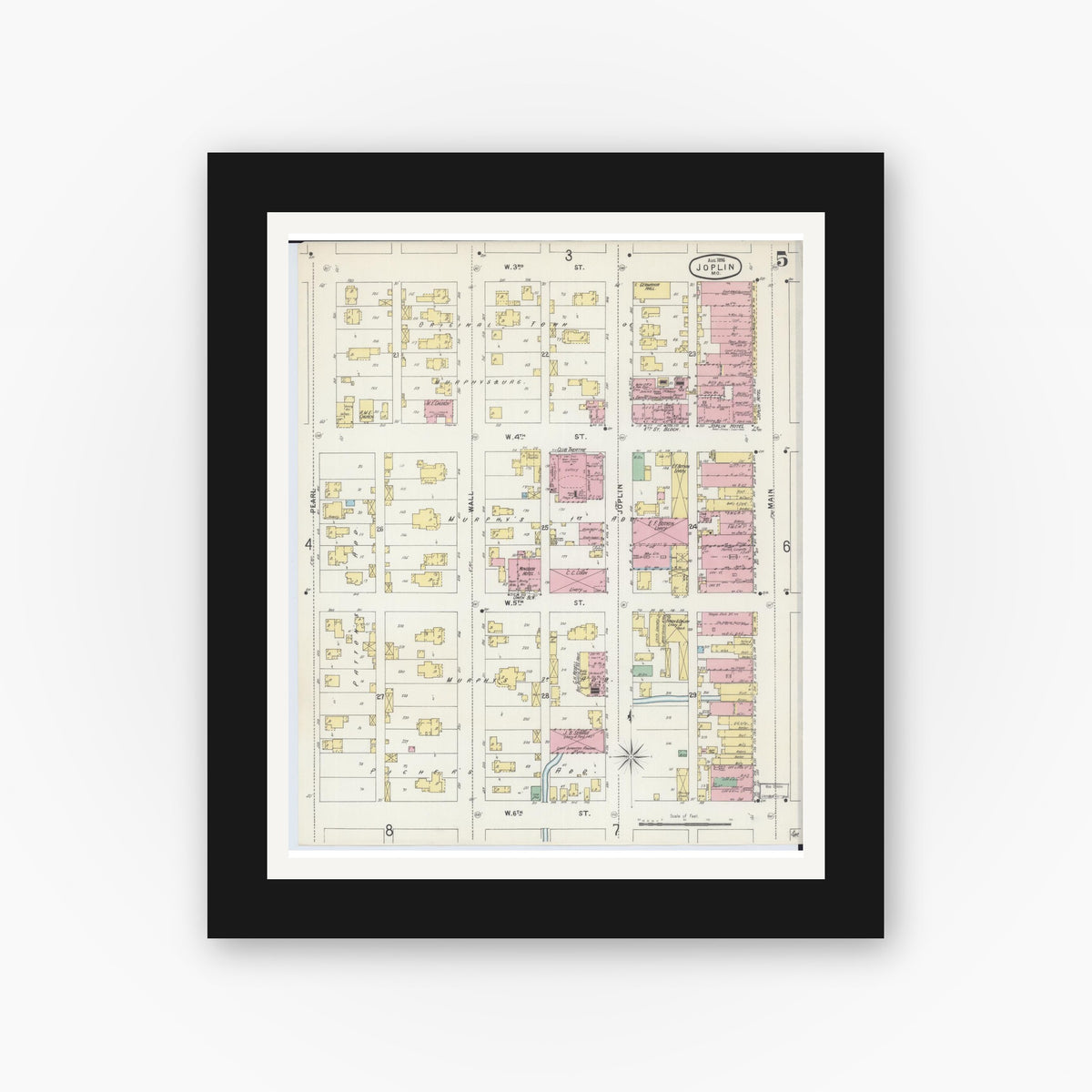 Old map wall art mockup — black gallery frame with white mat — Sanborn Fire Insurance Map from Joplin, Jasper County, Missouri (1896), Sheet #0005