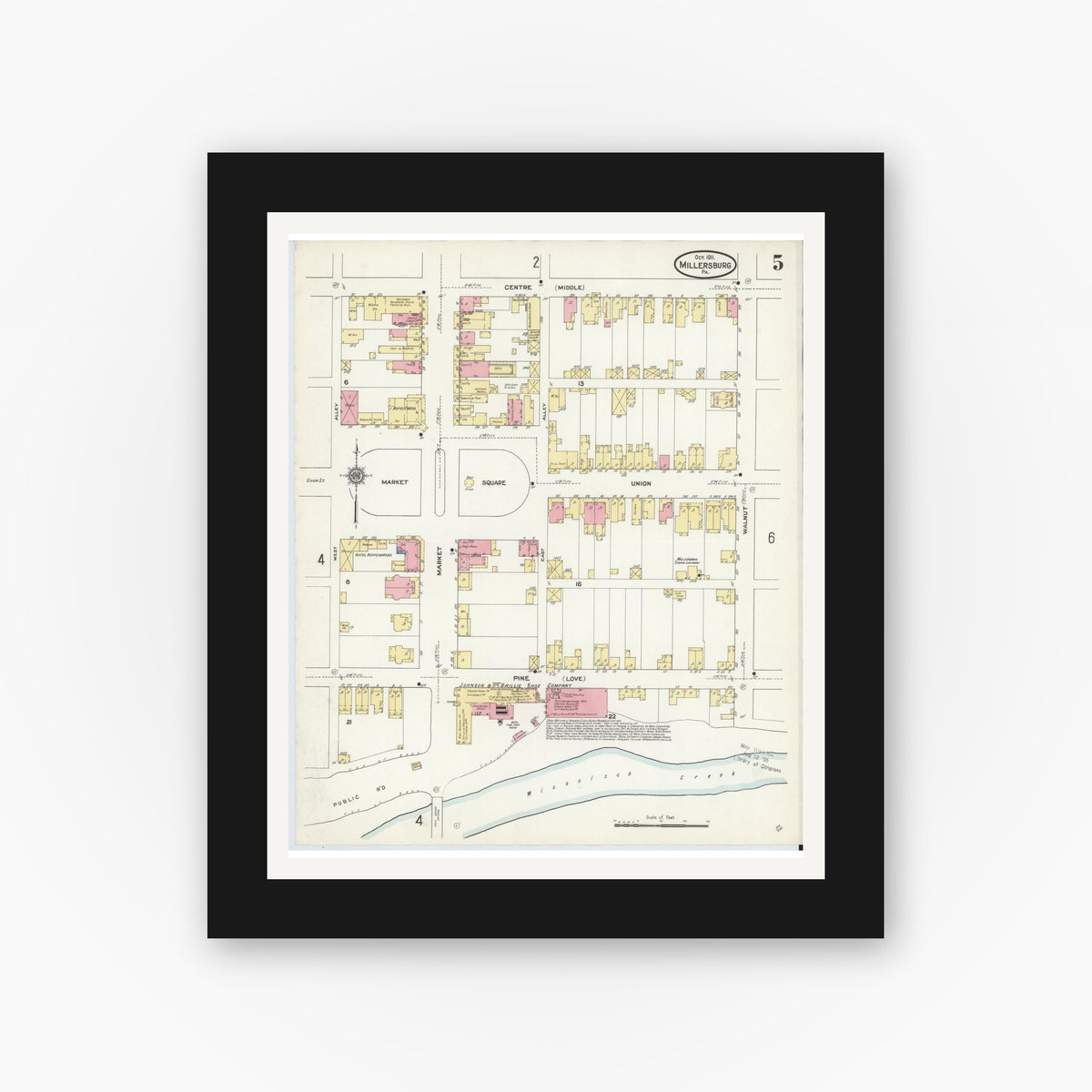 Old map wall art mockup — black gallery frame with white mat — Sanborn Fire Insurance Map from Millersburg, Dauphin County, Pennsylvania (1911), Sheet #0005