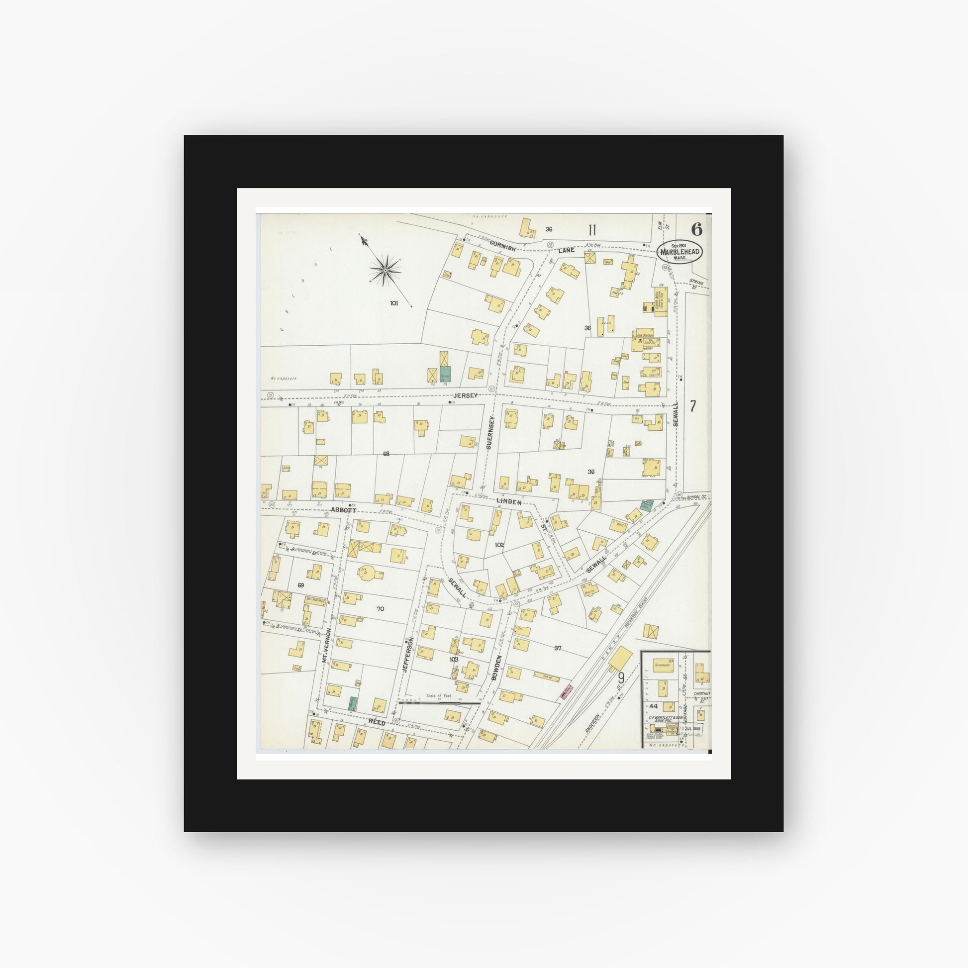 Old map wall art mockup — black gallery frame with white mat — Sanborn Fire Insurance Map from Marblehead, Essex County, Massachusetts (1901), Sheet #0006